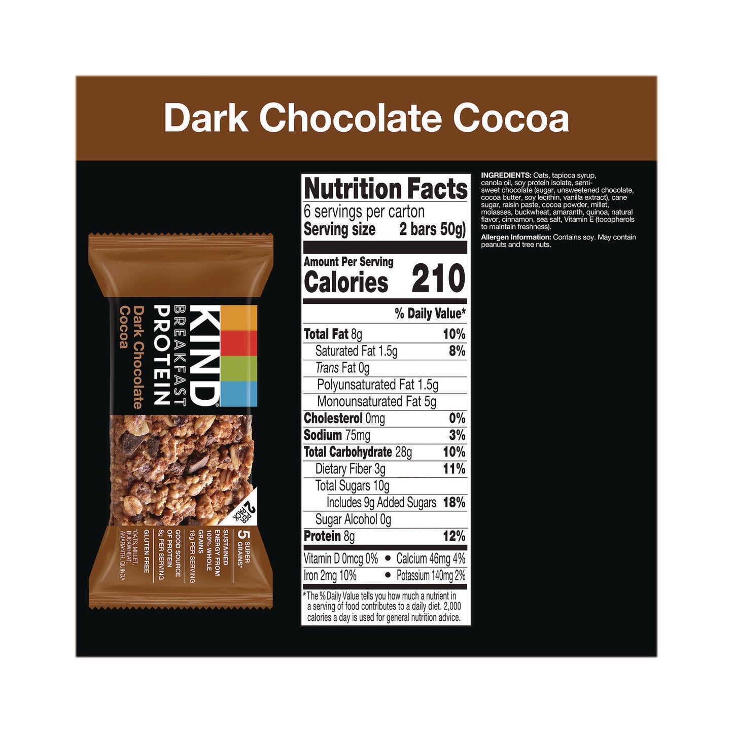 KIND Breakfast Protein Bars, Dark Chocolate Cocoa, 1.76 oz Two-Bar Packs, 6/Box