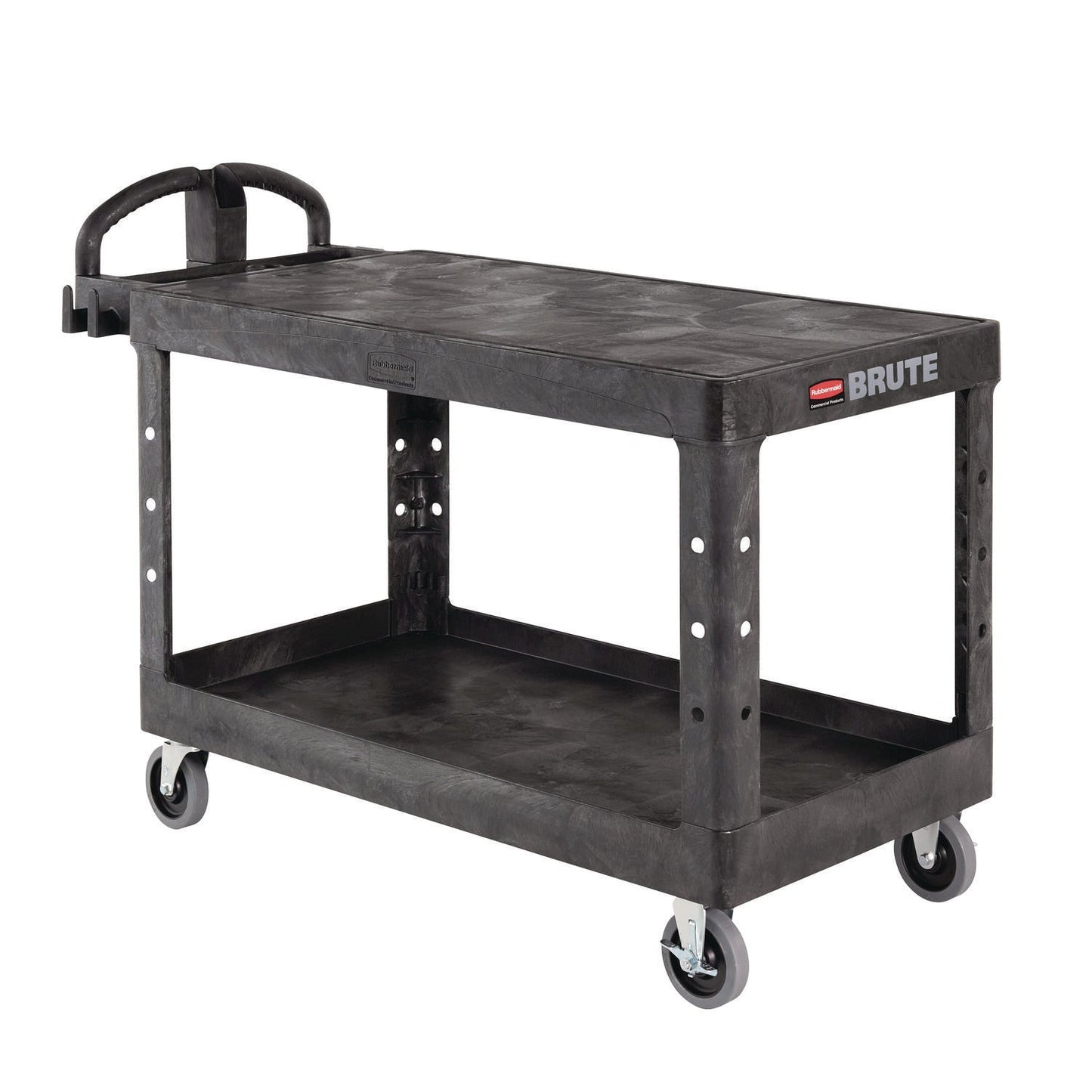 Rubbermaid® Commercial Heavy-Duty Utility Cart with Flat Shelves, Plastic, 2 Shelves, 500 lb Capacity, 25.25" x 54" x 36", Black
