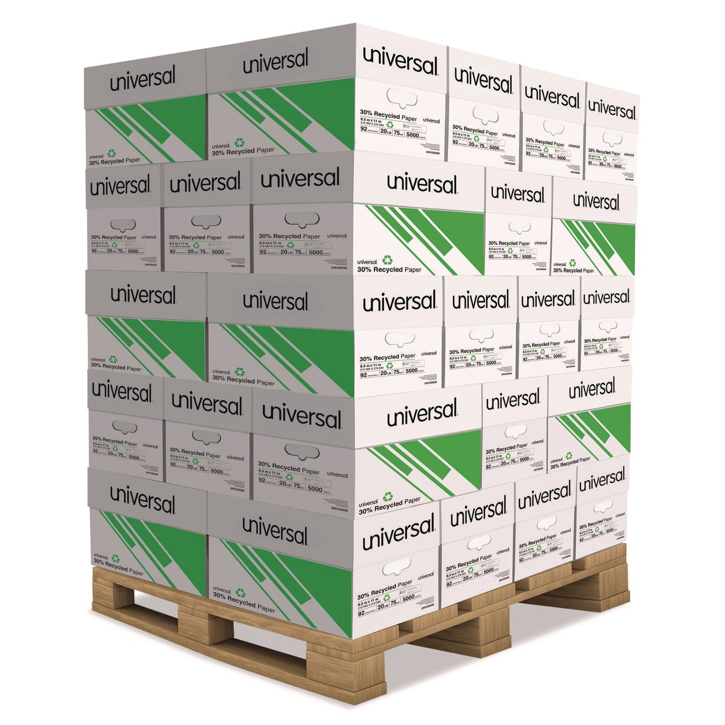 Universal® 30% Recycled Copy Paper, 92 Bright, 20 lb Bond Weight, 8.5 x 11, White, 500 Sheets/Ream, 10 Reams/Carton, 40 Cartons/Pallet