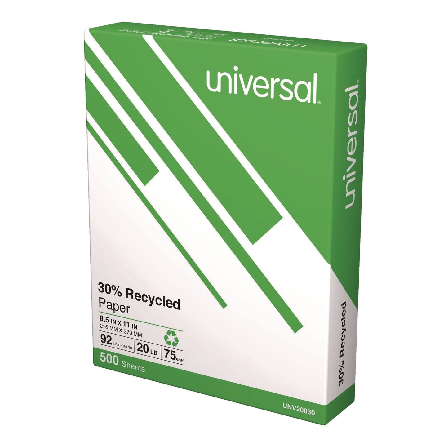 Universal® 30% Recycled Copy Paper, 92 Bright, 20 lb Bond Weight, 8.5 x 11, White, 500 Sheets/Ream, 10 Reams/Carton, 40 Cartons/Pallet