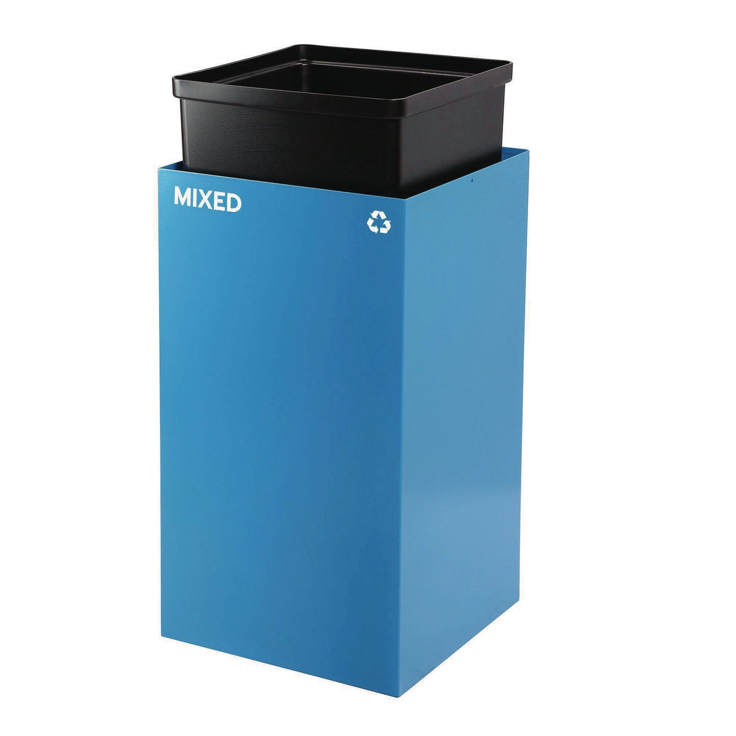 Alpine Industries 29 Gallon Trash/Recycling Cans, Steel, Blue Mixed Recycling Can with Square Lid, Black Trash Can with Square Lid
