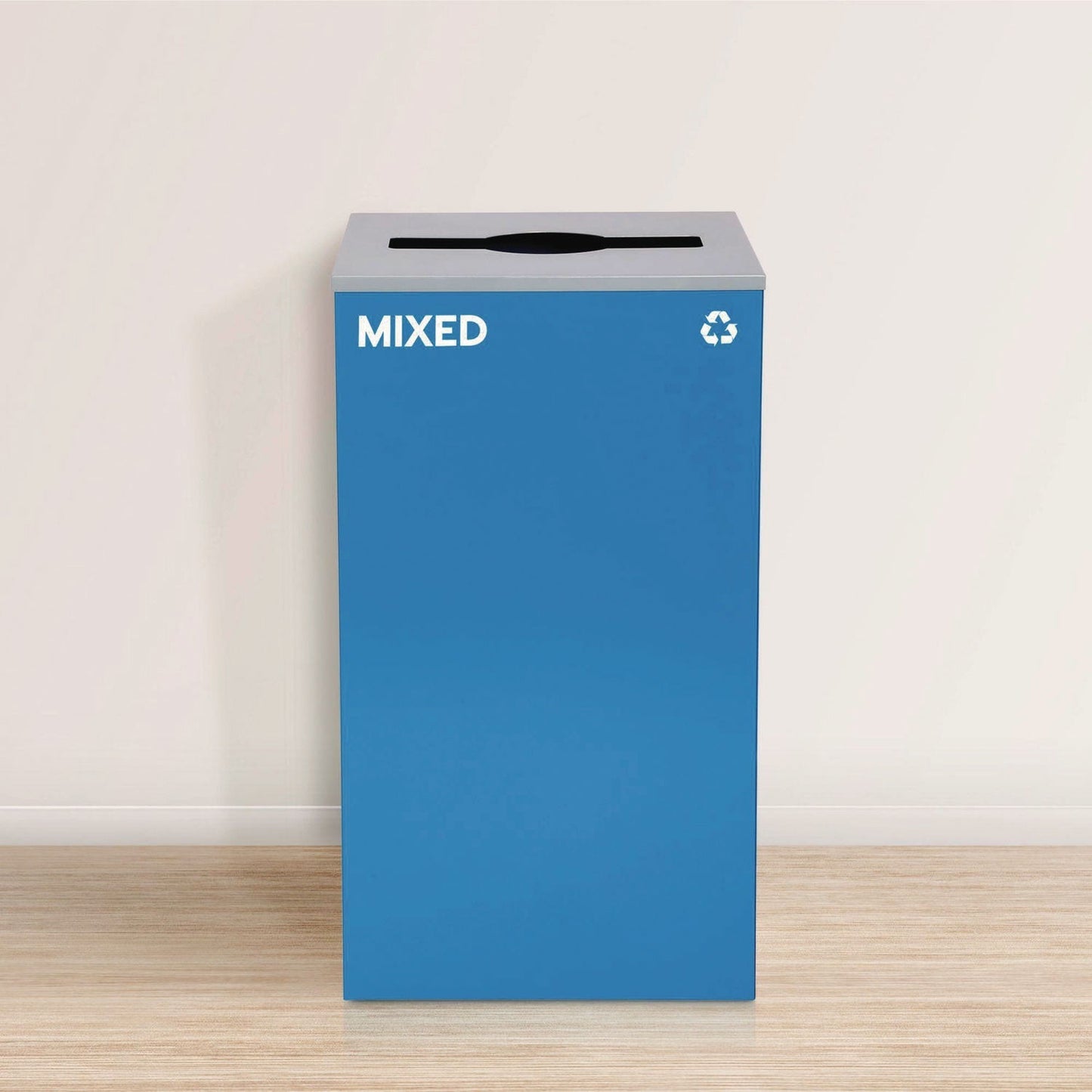 Alpine Industries 29 Gallon Trash/Recycling Cans, Steel, Blue Mixed Recycling with Mixed Lid, Black Trash Can with Square Lid