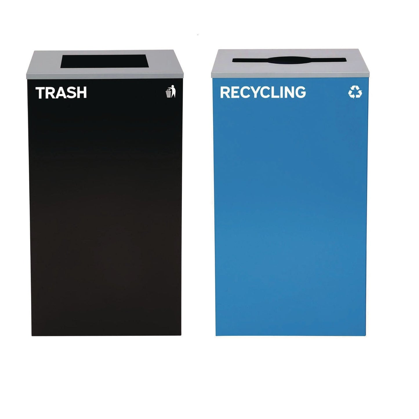 Alpine Industries 29 Gallon Trash/Recycling Cans, Steel, Blue Recycling with Mixed Lid, Black Trash Can with Square Lid