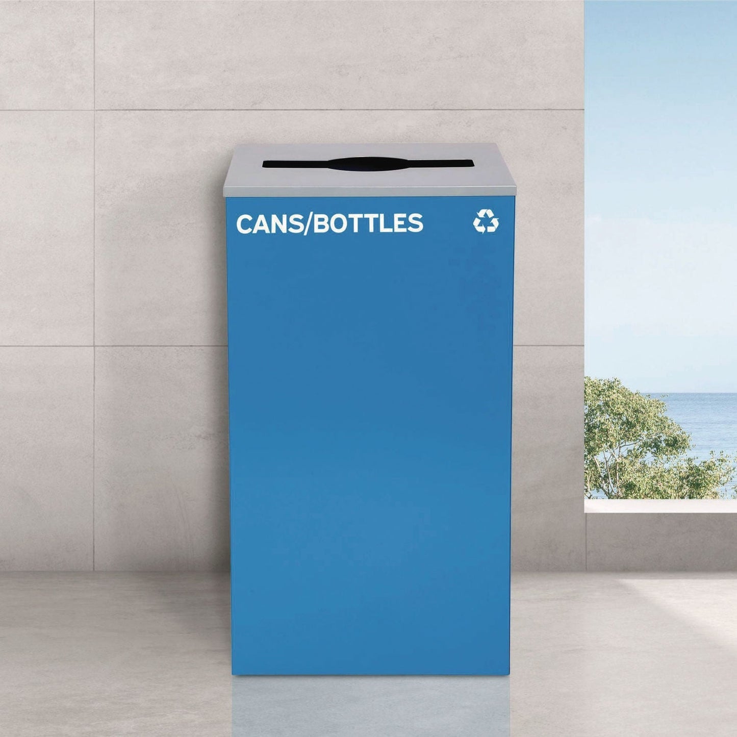 Alpine Industries 29 Gallon Trash/Recycling Cans, Steel, Blue Cans/Bottles Recycling with Mixed Lid, Black Trash Can with Square Lid