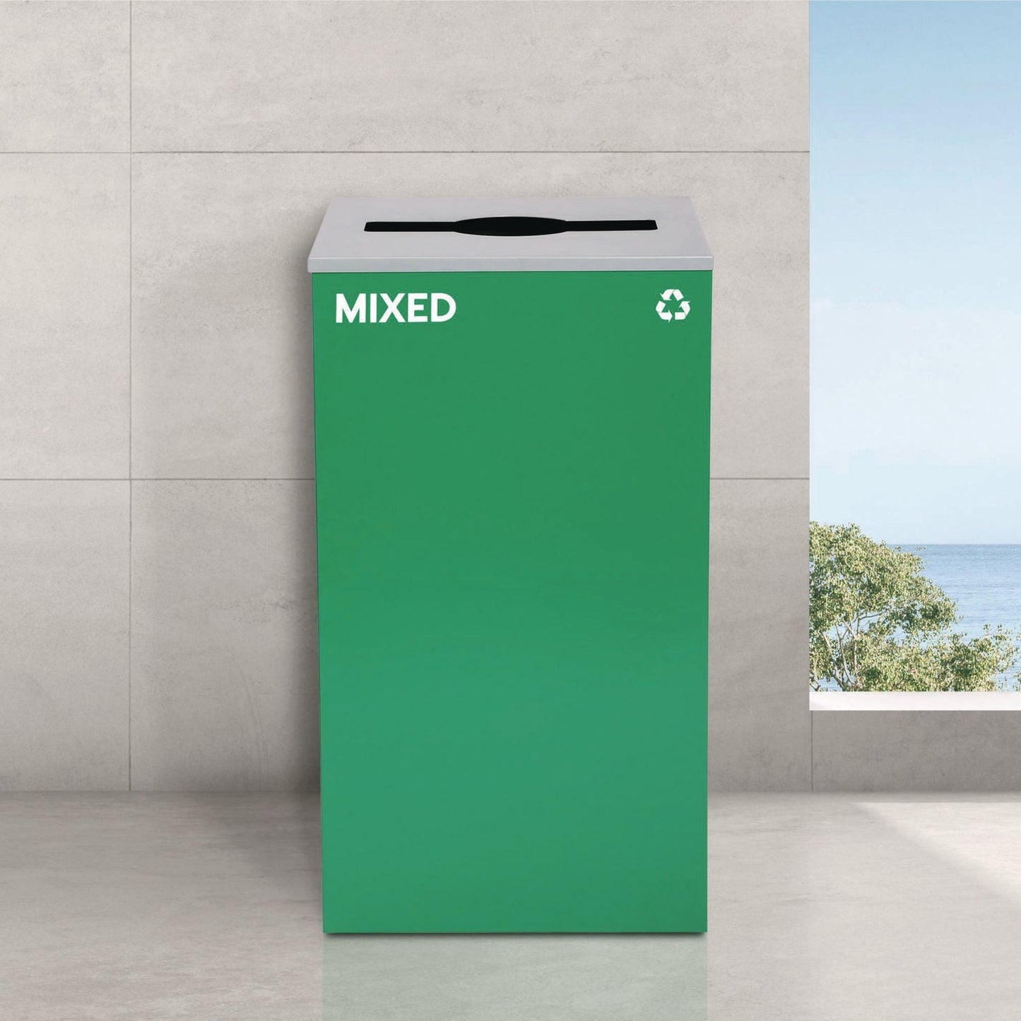 Alpine Industries 29 Gallon Trash/Recycling Cans, Steel, Green Mixed Recycling Can with Mixed Lid, Black Trash Can with Square Lid