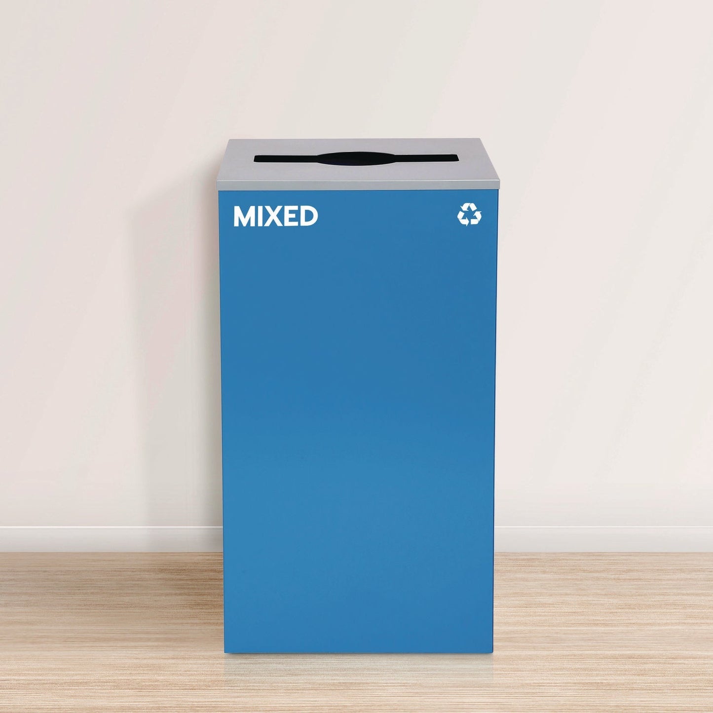 Alpine Industries 29 Gallon Trash/Recycling Cans, Steel, Blue Mixed Recycling Can w/Mixed Lid, Green Compost and Black Trash Cans w/Square Lids