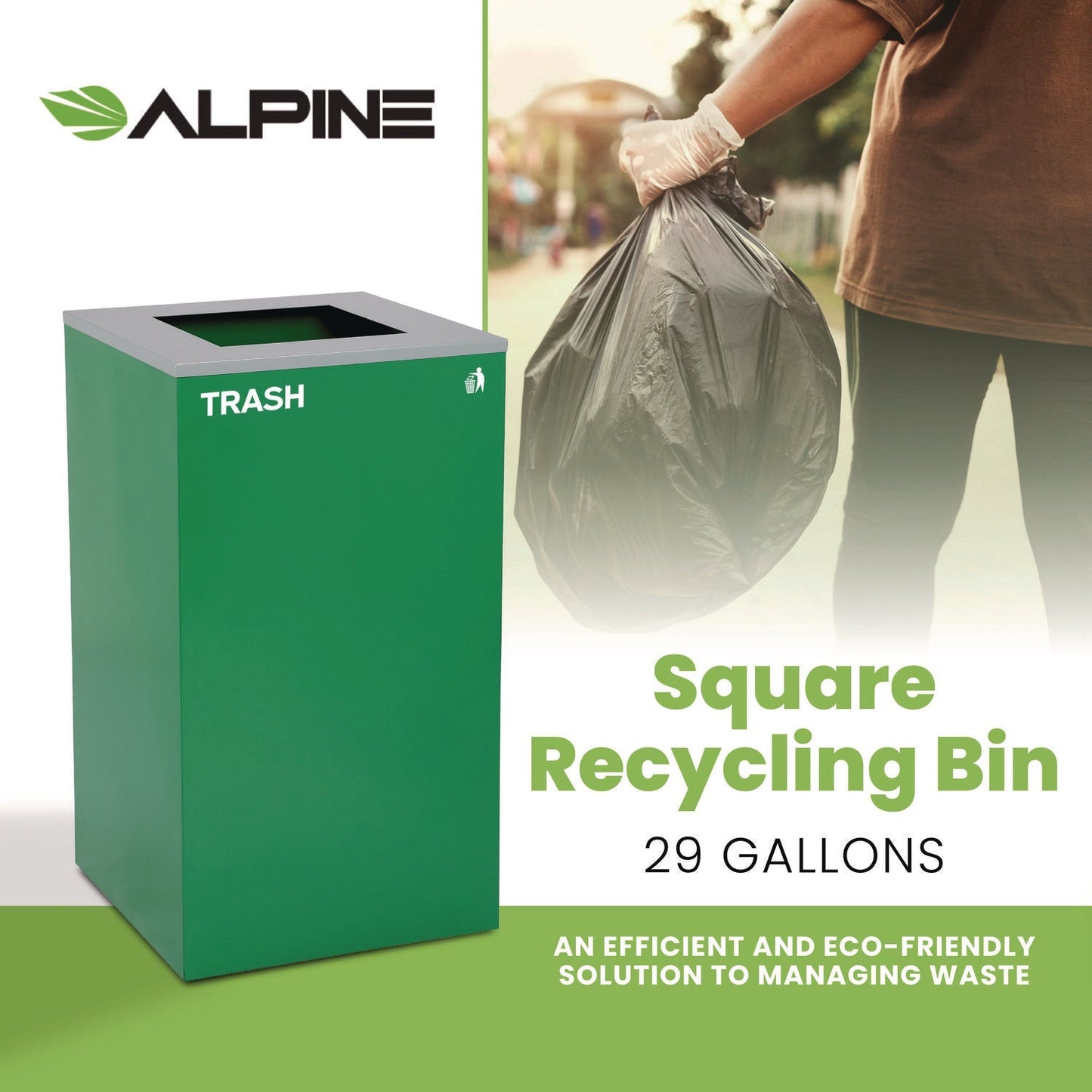 Alpine Industries 29 Gallon Trash/Recycling Cans, Steel, Green Trash Can with Square Lid