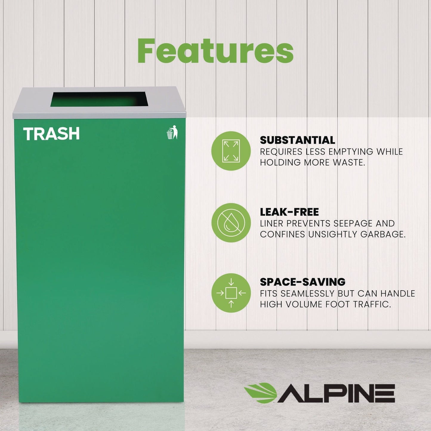 Alpine Industries 29 Gallon Trash/Recycling Cans, Steel, Green Trash Can with Square Lid