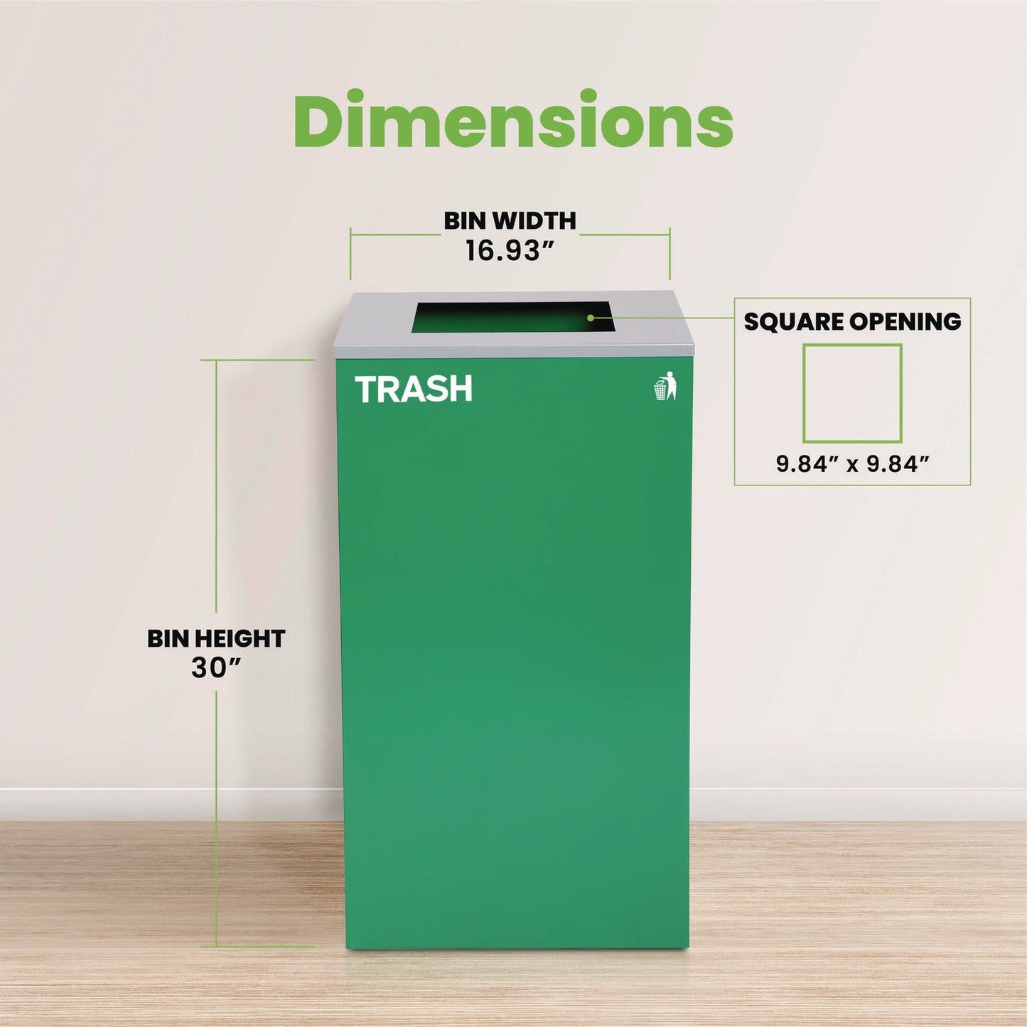 Alpine Industries 29 Gallon Trash/Recycling Cans, Steel, Green Trash Can with Square Lid