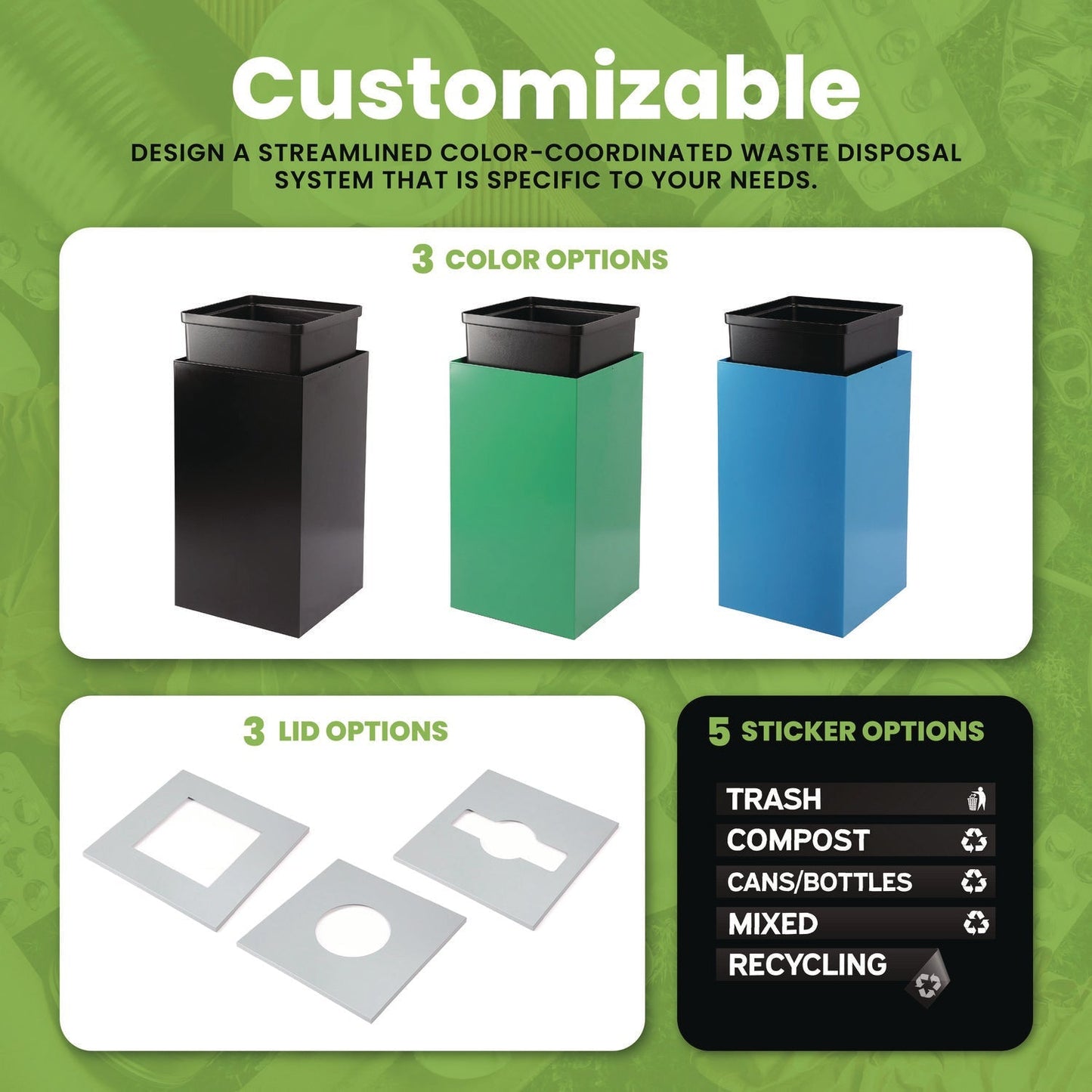 Alpine Industries 29 Gallon Trash/Recycling Cans, Steel, Green Trash Can with Square Lid
