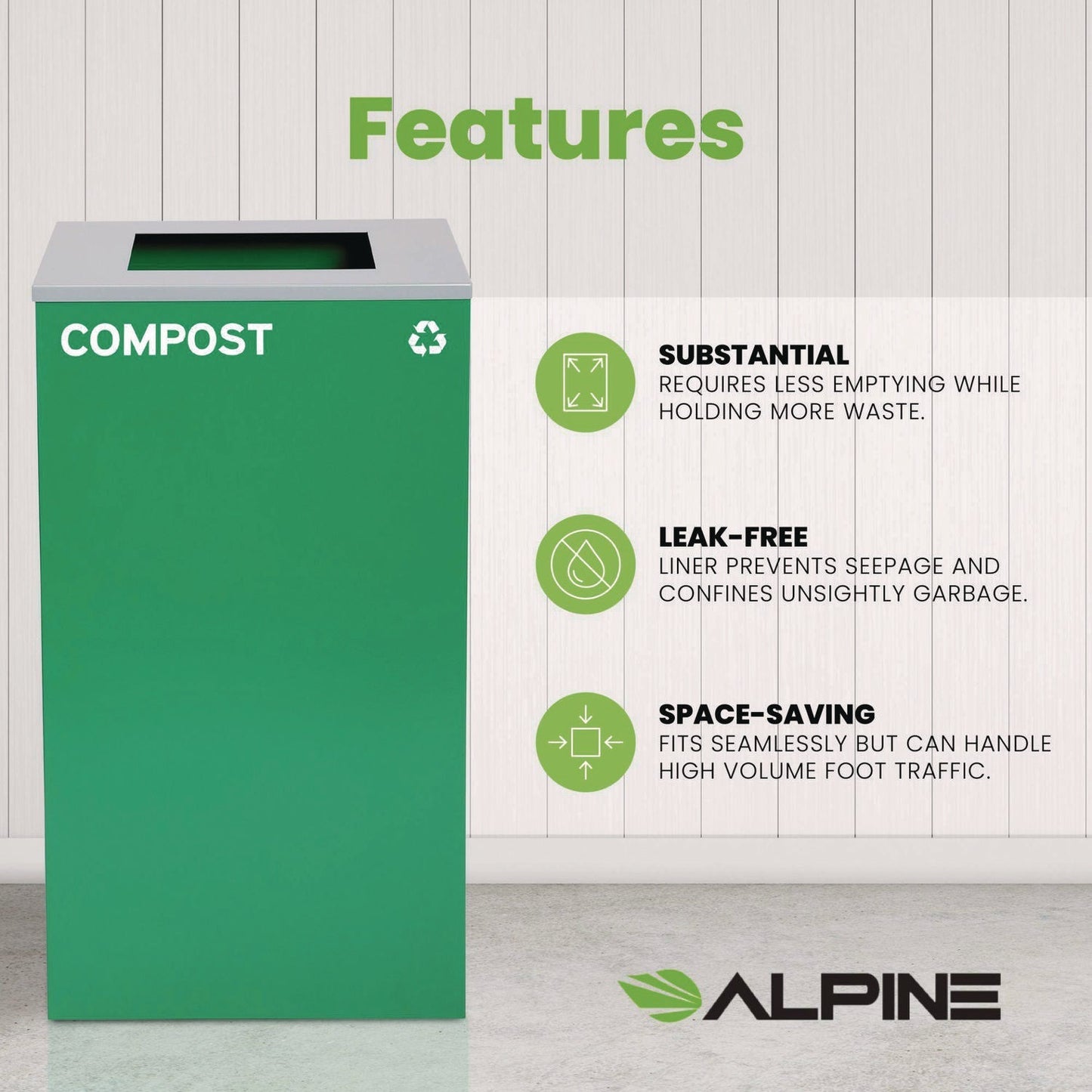 Alpine Industries 29 Gallon Trash/Recycling Cans, Steel, Green Compost Can with Square Lid
