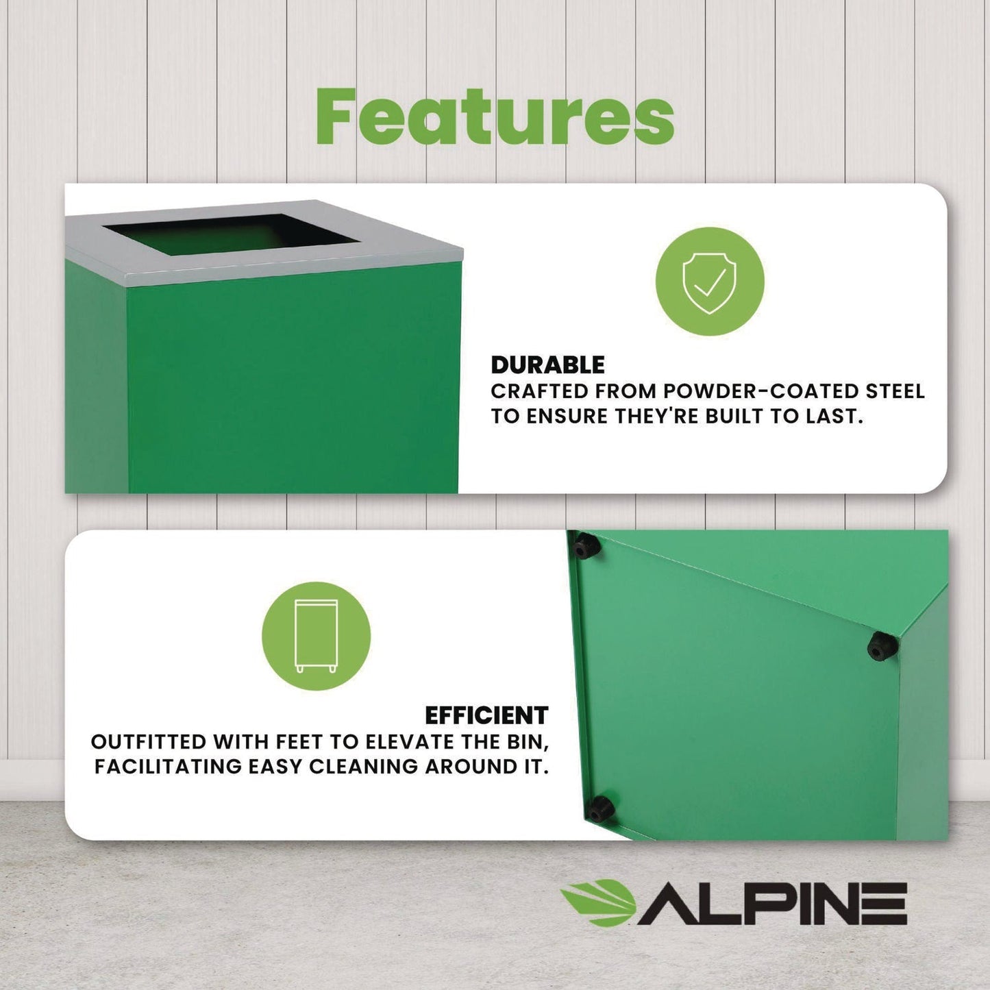 Alpine Industries 29 Gallon Trash/Recycling Cans, Steel, Green Can with Square Lid