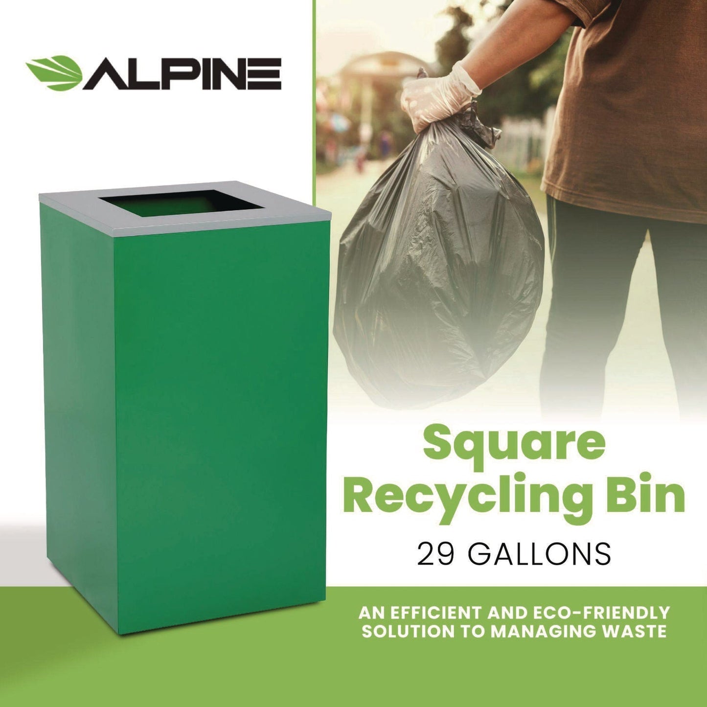 Alpine Industries 29 Gallon Trash/Recycling Cans, Steel, Green Can with Square Lid