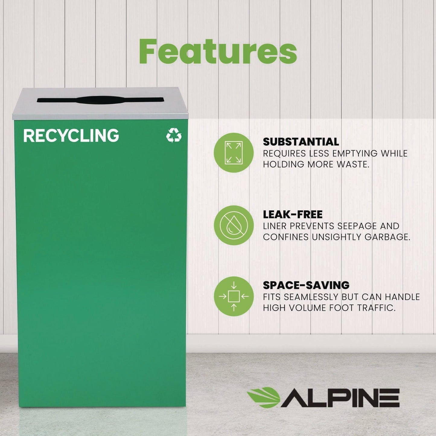 Alpine Industries 29 Gallon Trash/Recycling Cans, Steel, Green Recycling Can with Mixed Lid