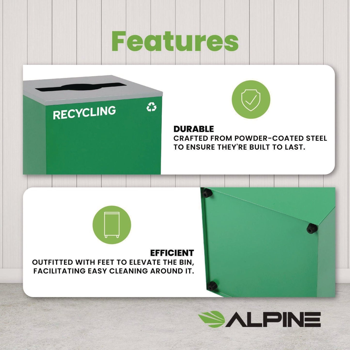 Alpine Industries 29 Gallon Trash/Recycling Cans, Steel, Green Recycling Can with Mixed Lid