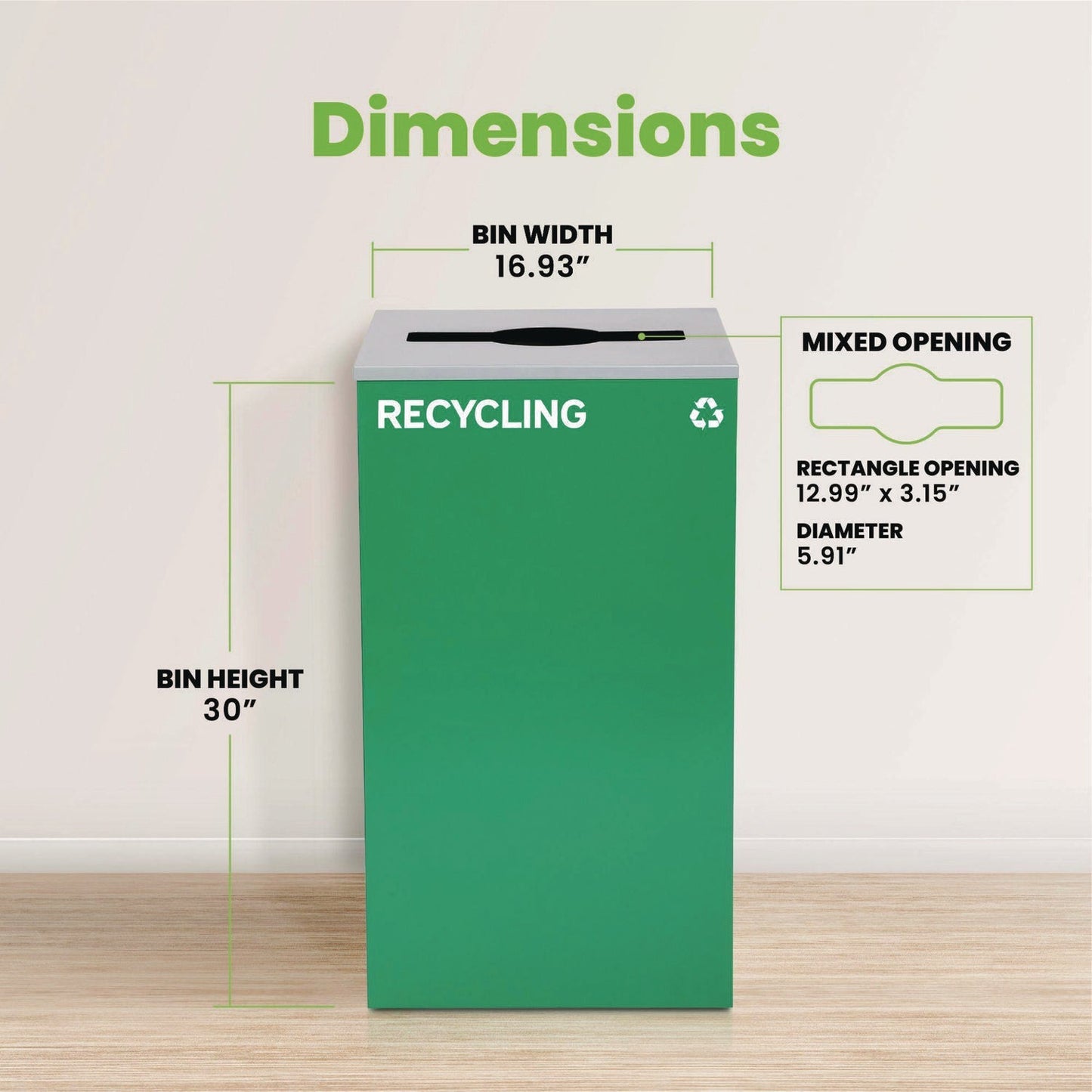 Alpine Industries 29 Gallon Trash/Recycling Cans, Steel, Green Recycling Can with Mixed Lid