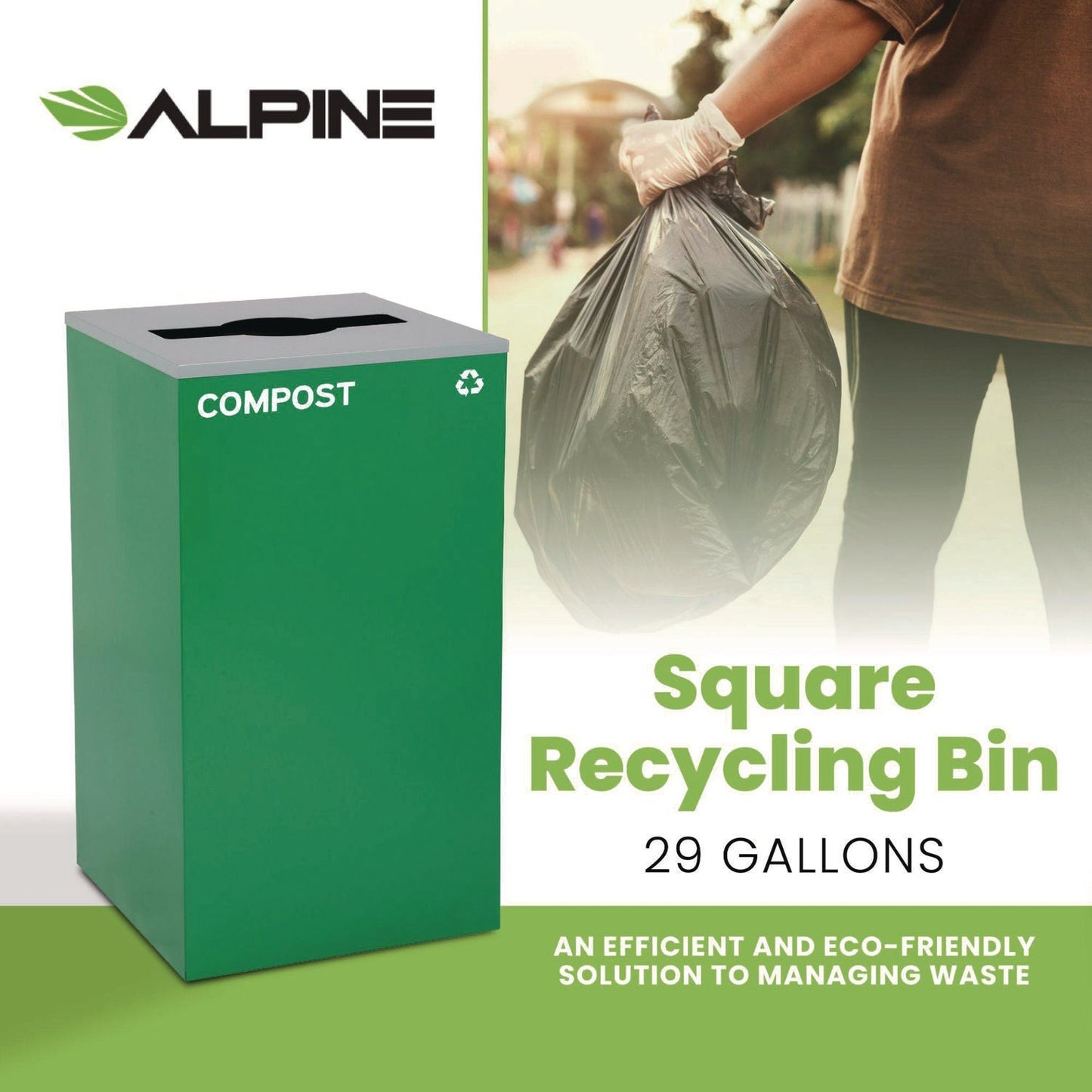 Alpine Industries 29 Gallon Trash/Recycling Cans, Steel, Green Compost Can with Mixed Lid