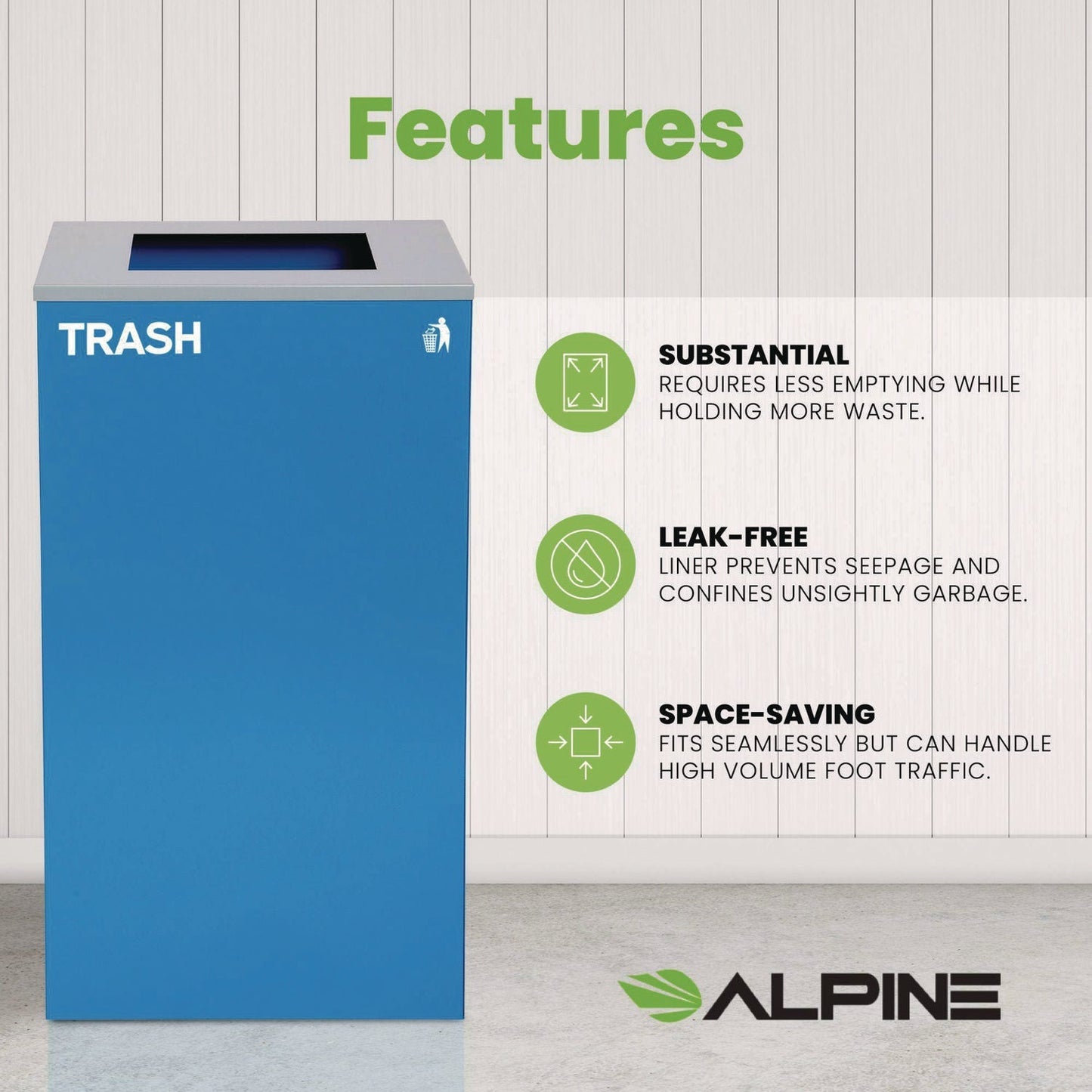 Alpine Industries 29 Gallon Trash/Recycling Cans, Steel, Blue Trash Can with Square Lid