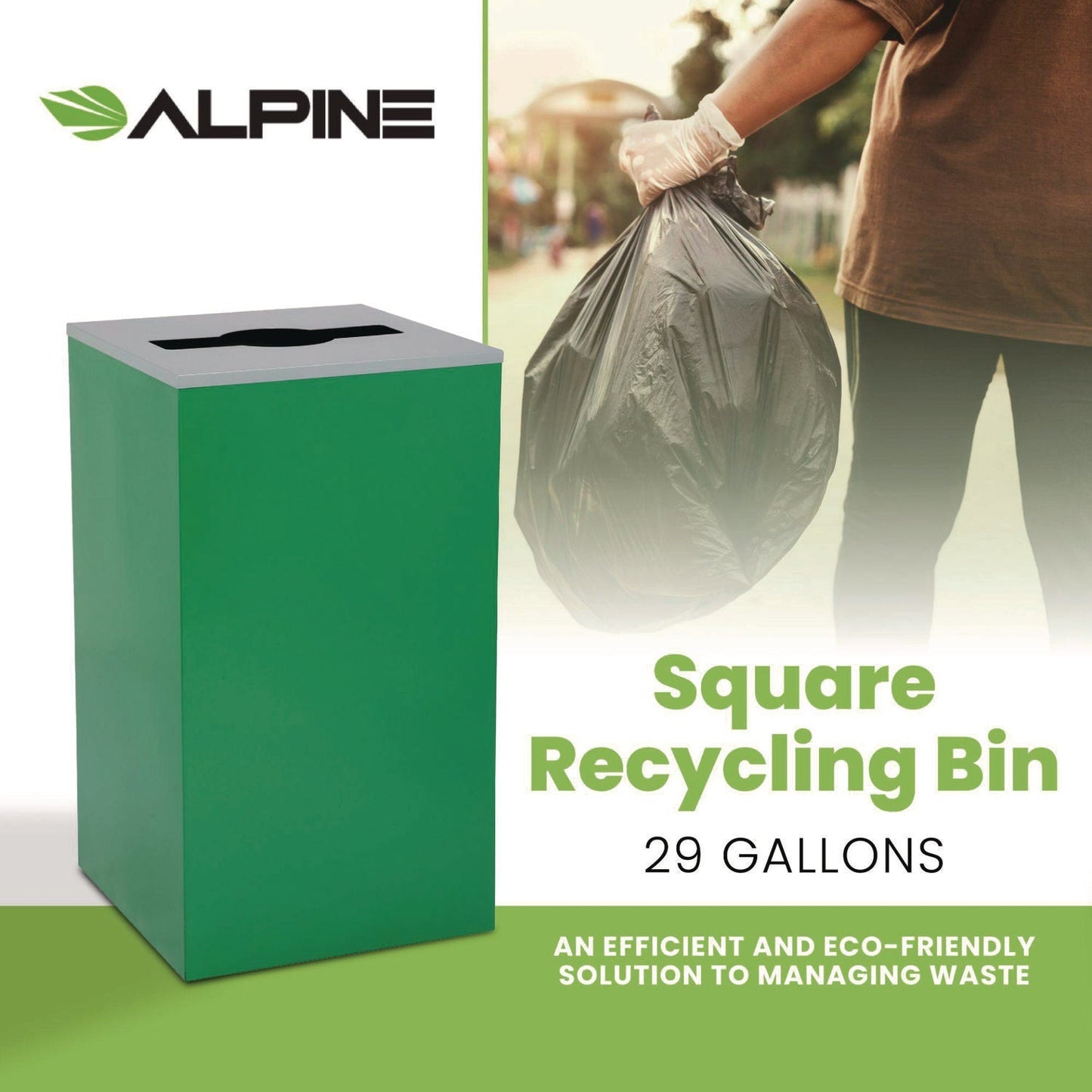 Alpine Industries 29 Gallon Trash/Recycling Cans, Steel, Green Can with Mixed Lid