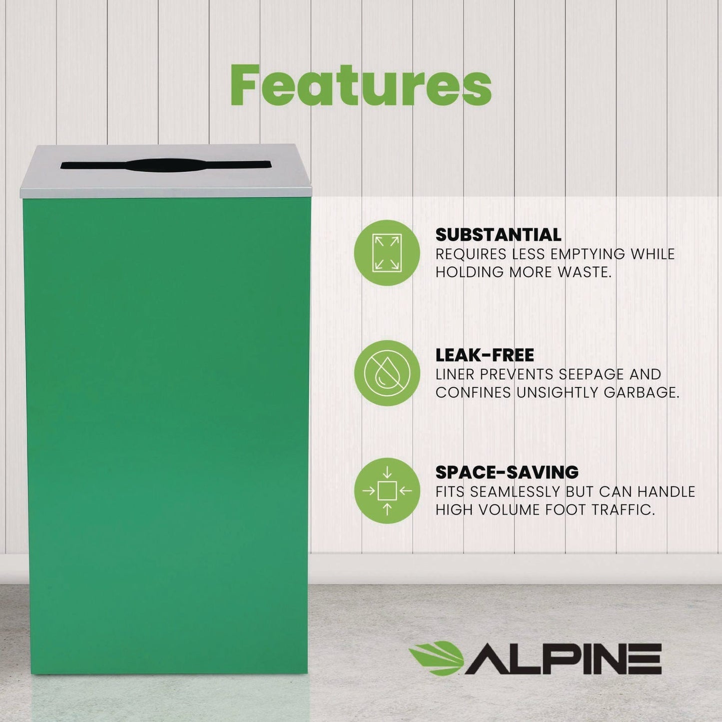 Alpine Industries 29 Gallon Trash/Recycling Cans, Steel, Green Can with Mixed Lid