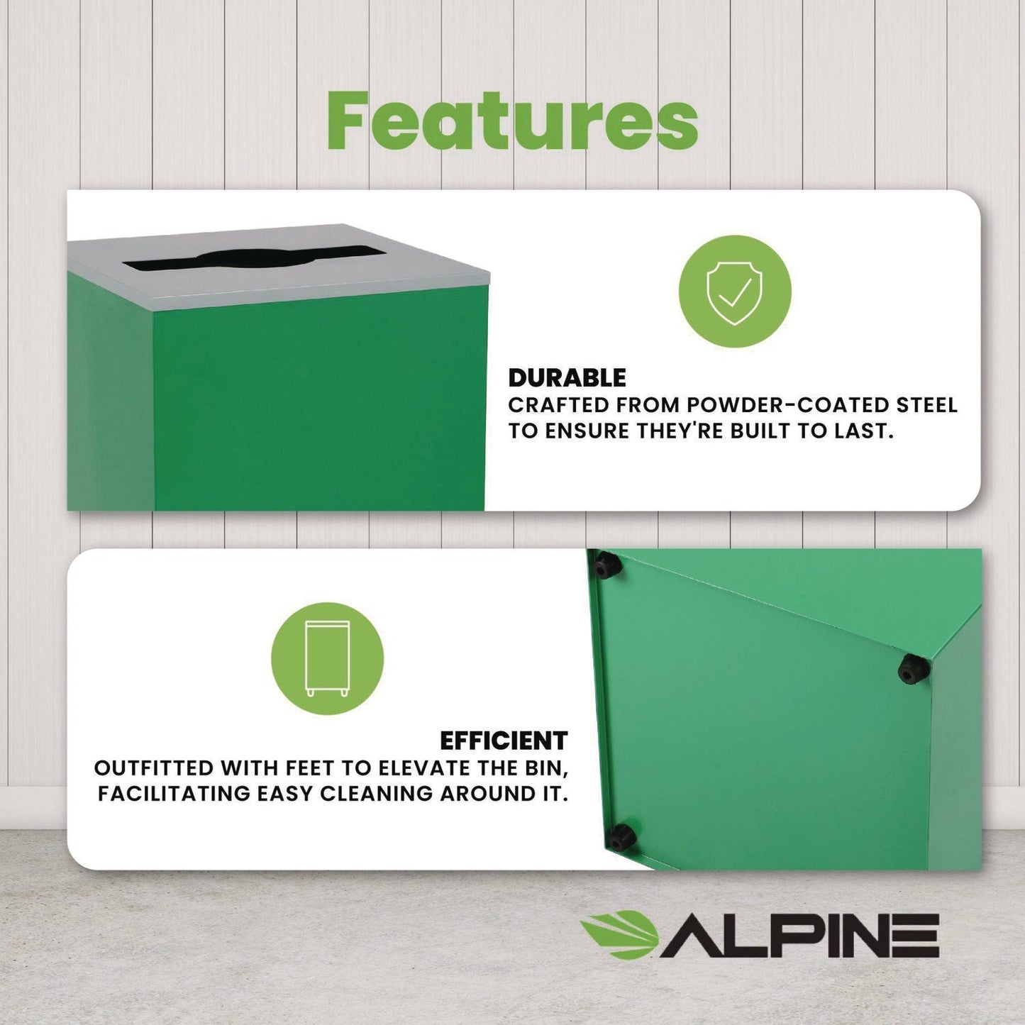 Alpine Industries 29 Gallon Trash/Recycling Cans, Steel, Green Can with Mixed Lid