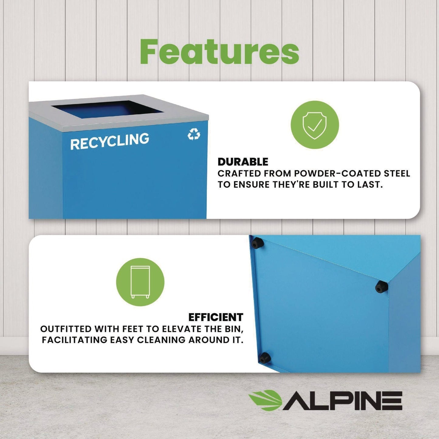 Alpine Industries 29 Gallon Trash/Recycling Cans, Steel, Blue Recycling Can with Square Lid