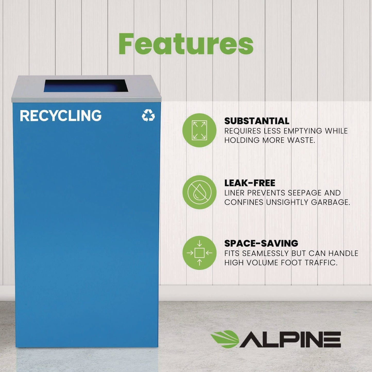 Alpine Industries 29 Gallon Trash/Recycling Cans, Steel, Blue Recycling Can with Square Lid