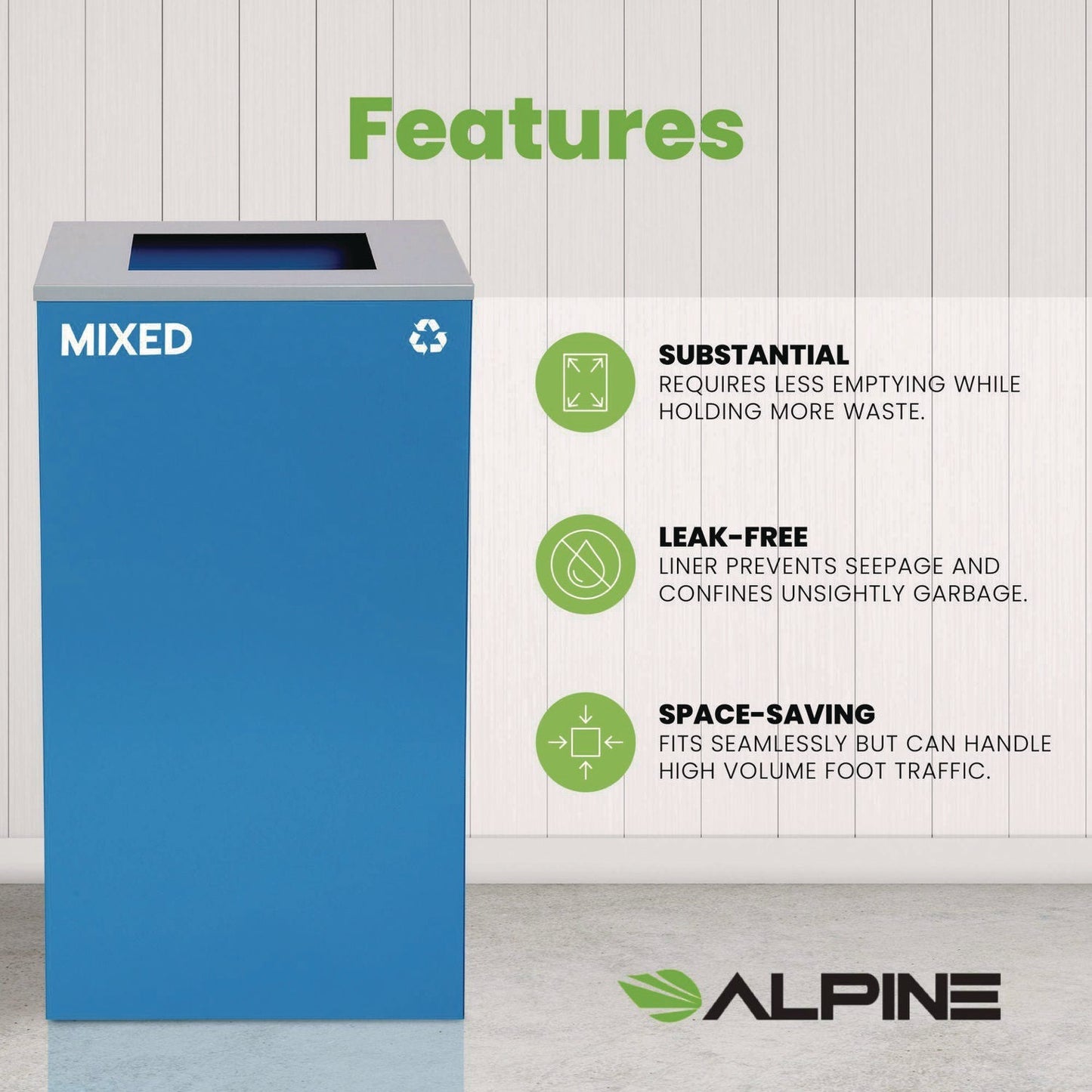 Alpine Industries 29 Gallon Trash/Recycling Cans, Steel, Blue Mixed Recycling Can with Square Lid