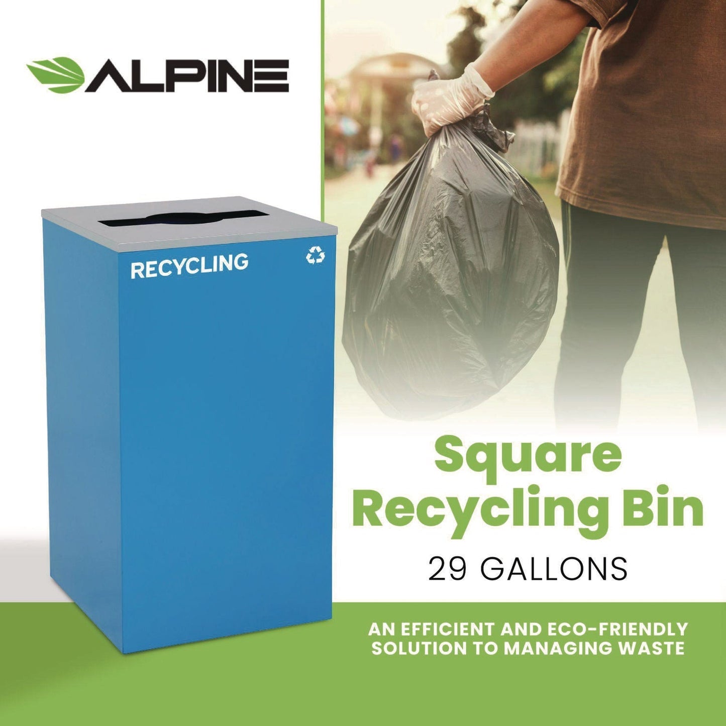 Alpine Industries 29 Gallon Trash/Recycling Cans, Steel, Blue Recycling Can with Mixed Lid