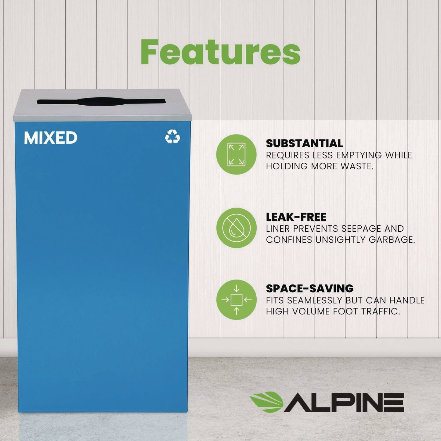 Alpine Industries 29 Gallon Trash/Recycling Cans, Steel, Blue Mixed Recycling Can with Mixed Lid