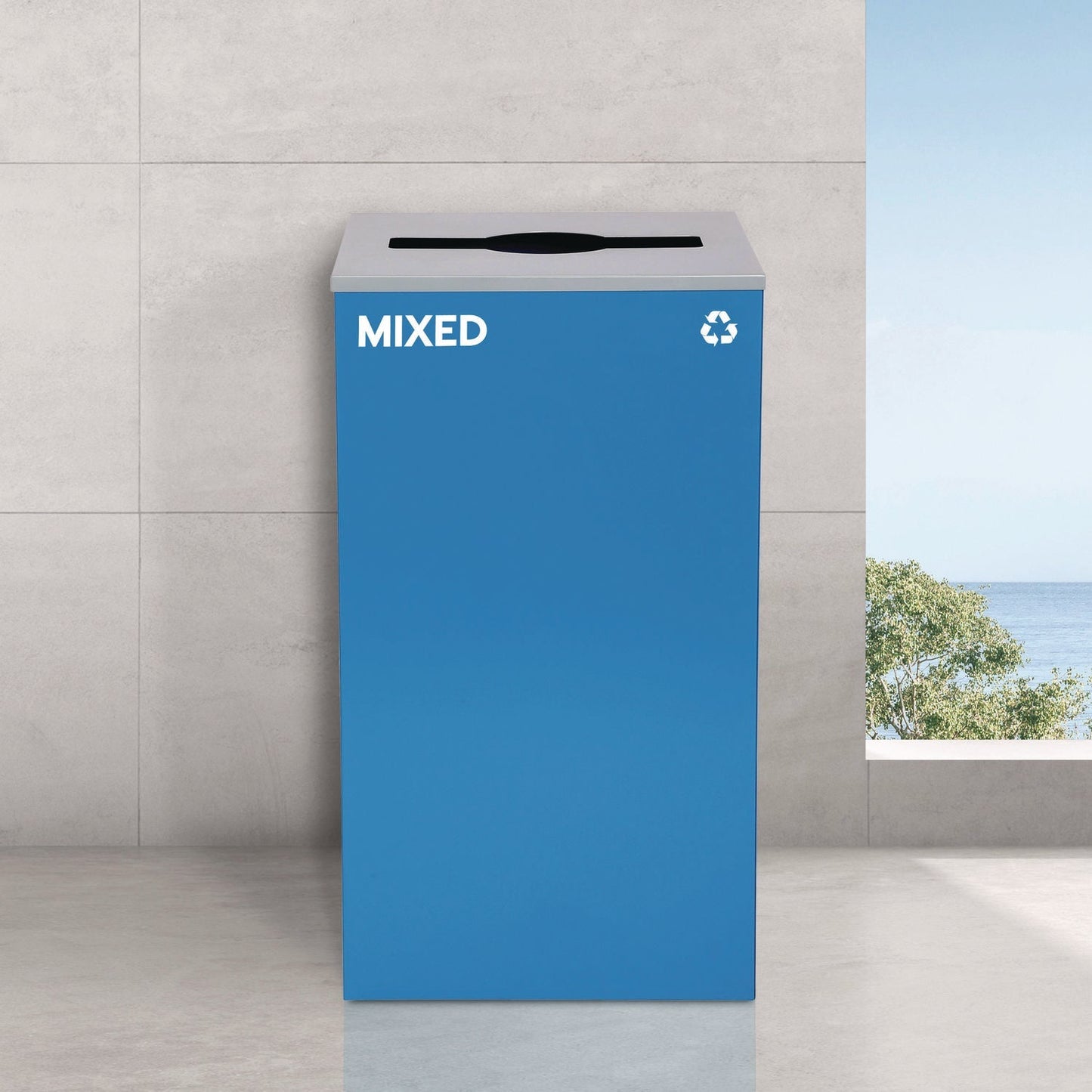 Alpine Industries 29 Gallon Trash/Recycling Cans, Steel, Blue Mixed Recycling Can with Mixed Lid