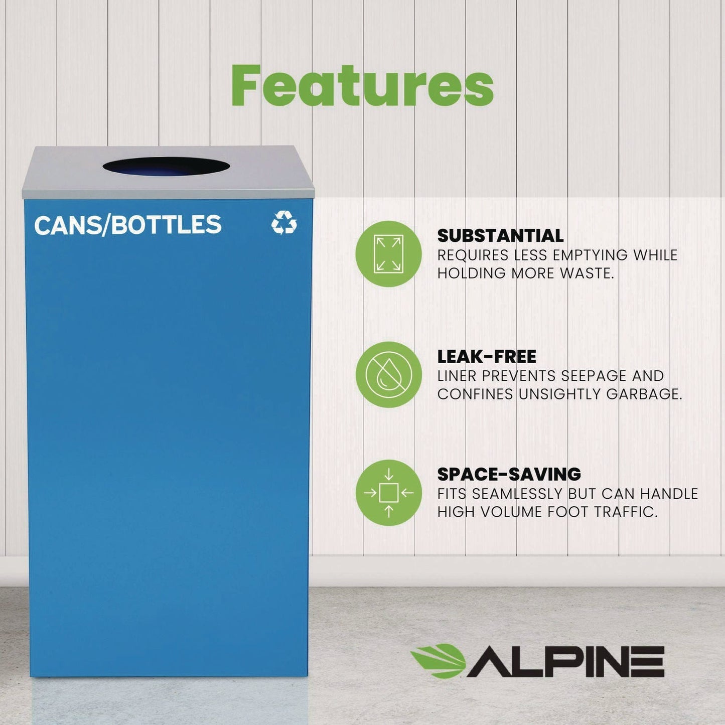 Alpine Industries 29 Gallon Trash/Recycling Cans, Steel, Blue Cans/Bottles Recycling Can with Circle Lid