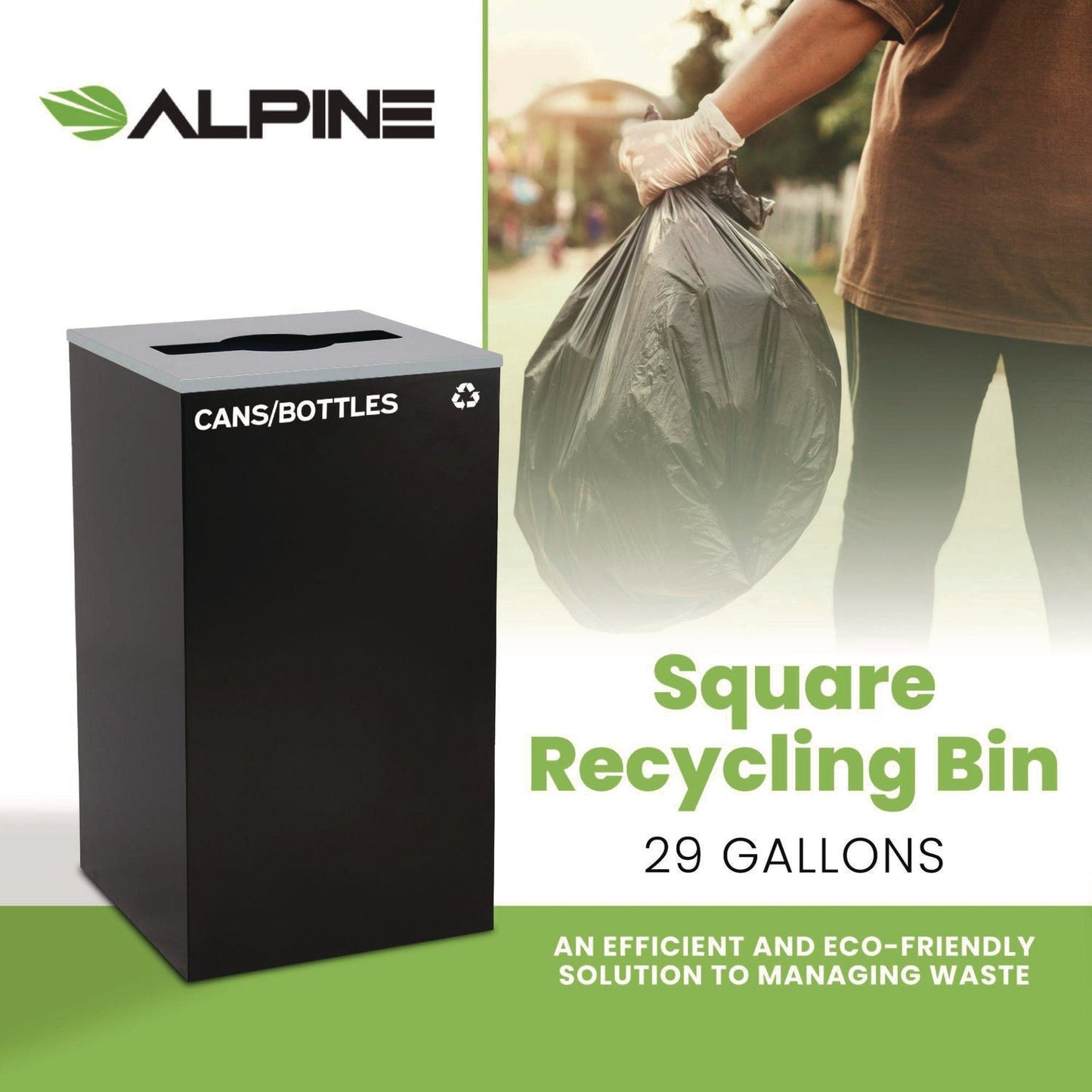 Alpine Industries 29 Gallon Trash/Recycling Cans, Steel, Black Cans/Bottles Recycling Can with Mixed Lid