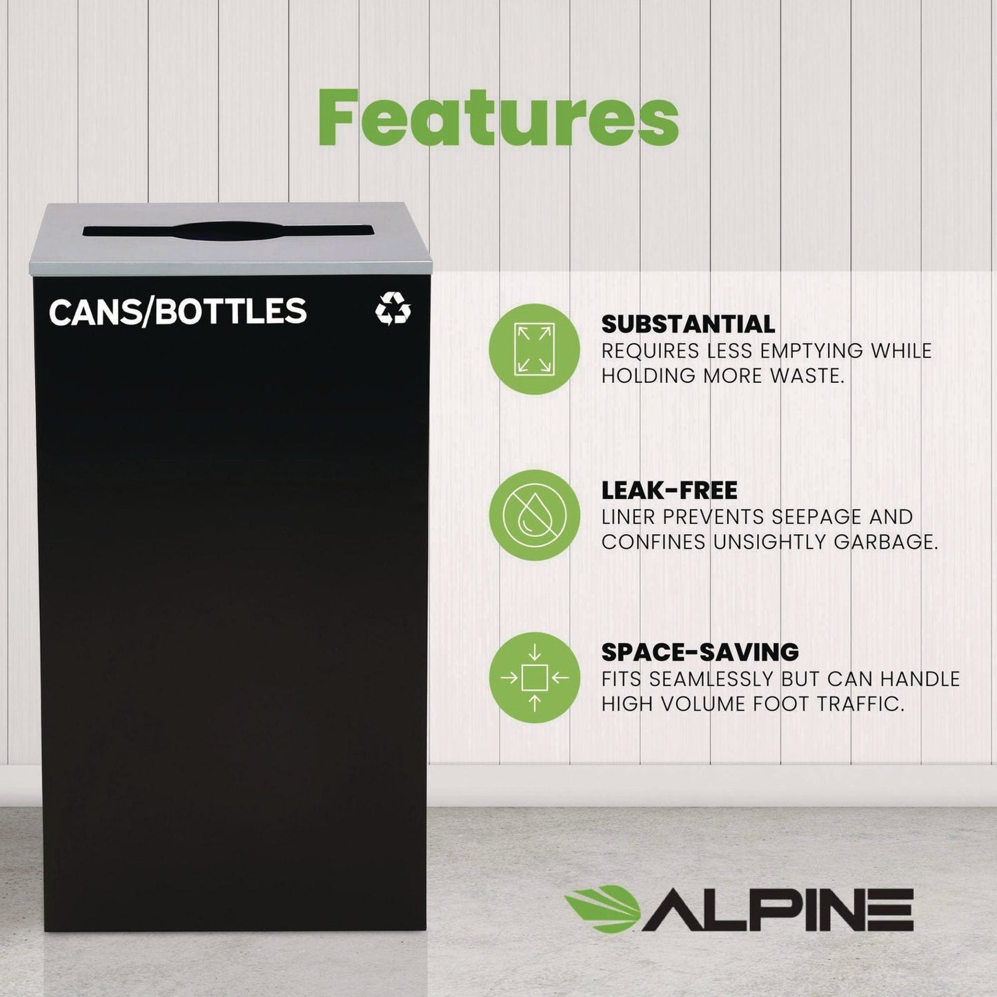 Alpine Industries 29 Gallon Trash/Recycling Cans, Steel, Black Cans/Bottles Recycling Can with Mixed Lid