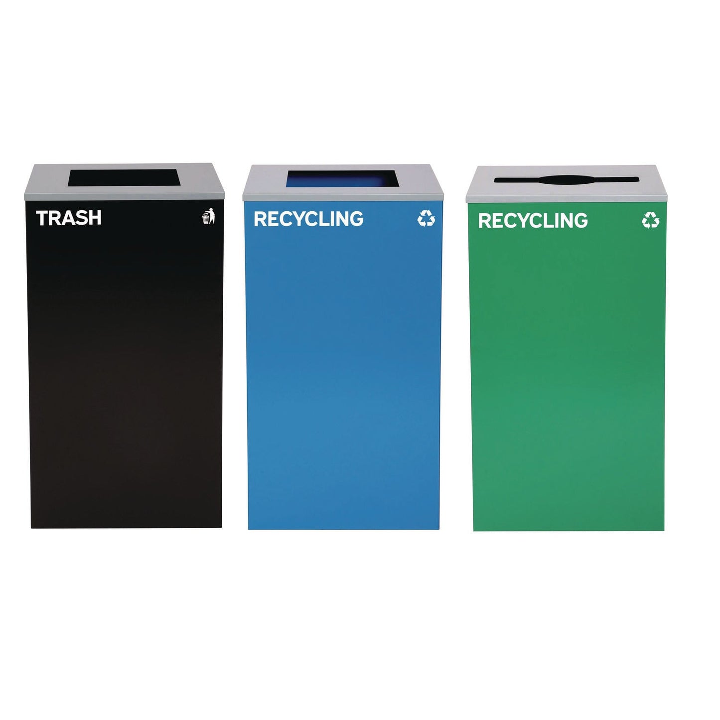 Alpine Industries 29 Gallon Trash/Recycling Cans, Steel, Blue Recycling Can and Black Trash Can w/Sq Lid, Green Recycling Can with Mixed Lid