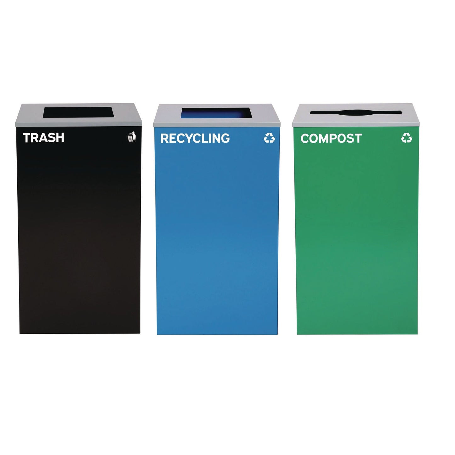Alpine Industries 29 Gallon Trash/Recycling Cans, Steel, Blue Recycling Can and Black Trash Can w/Square Lids, Green Compost Can with Mixed Lid