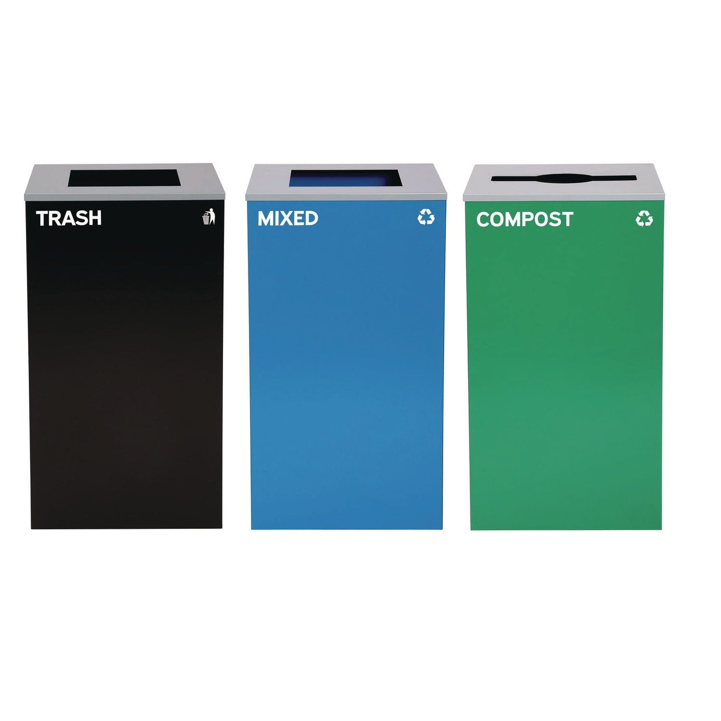 Alpine Industries 29 Gallon Trash/Recycling Cans, Steel, Blue Mixed Recycling and Black Trash Cans w/Square Lids, Green Compost Can w/Mixed Lid