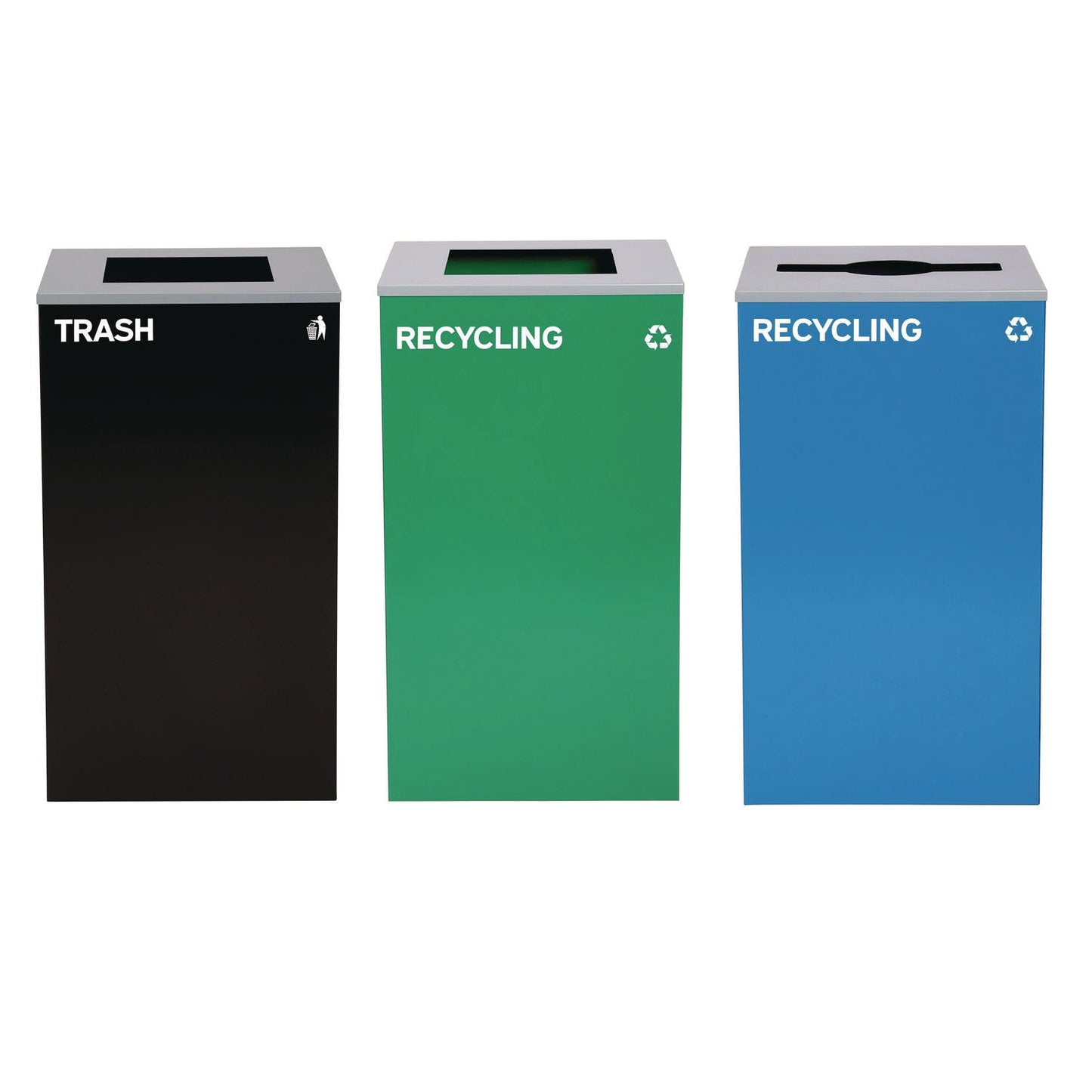 Alpine Industries 29 Gallon Trash/Recycling Cans, Steel, Blue Recycling Can w/Mixed Lid, Green Recycling Can and Black Trash Can with Sq Lid