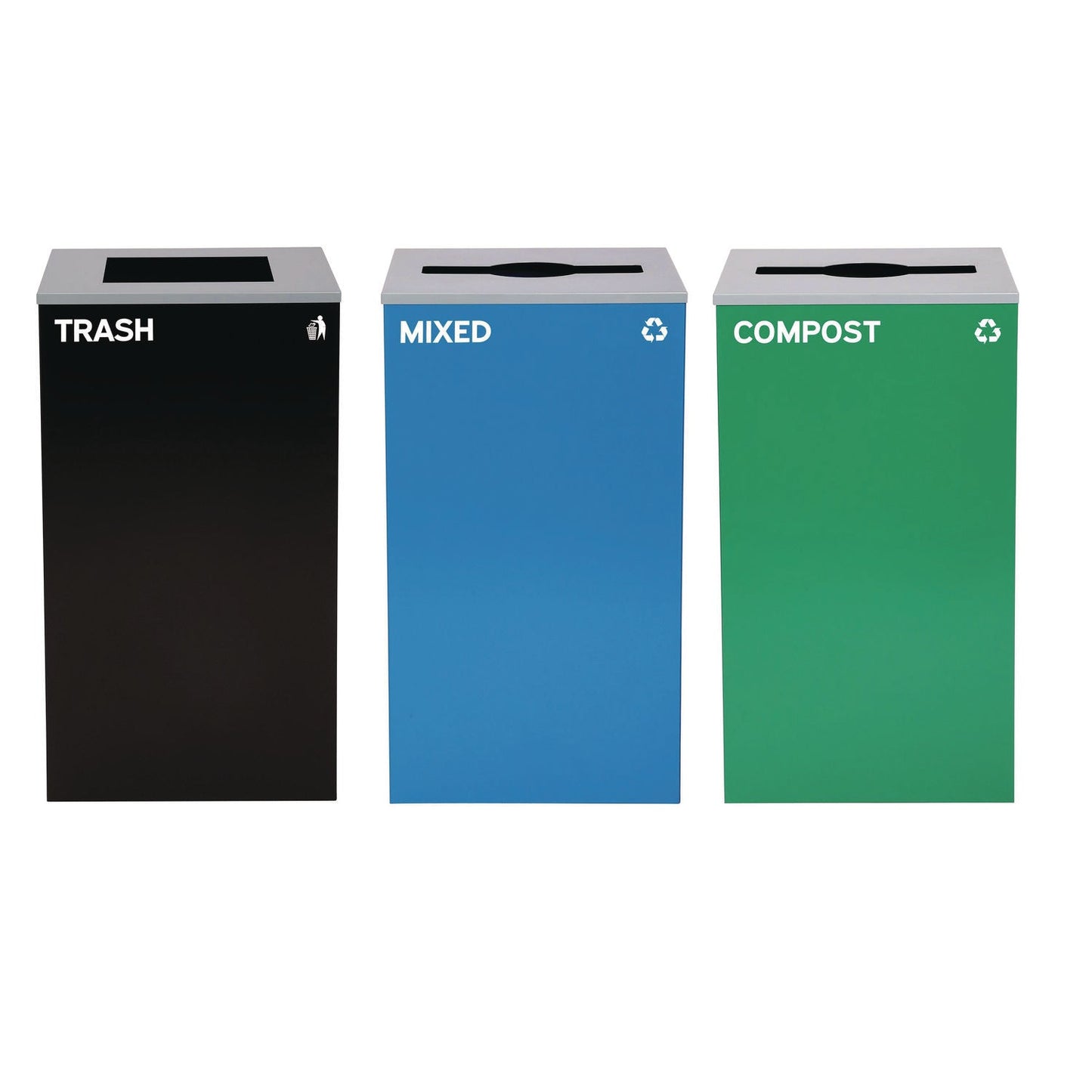 Alpine Industries 29 Gallon Trash/Recycling Cans, Steel, Blue Mixed Recycling and Green Compost Cans w/Mixed Lids, Black Trash Can w/Square Lid