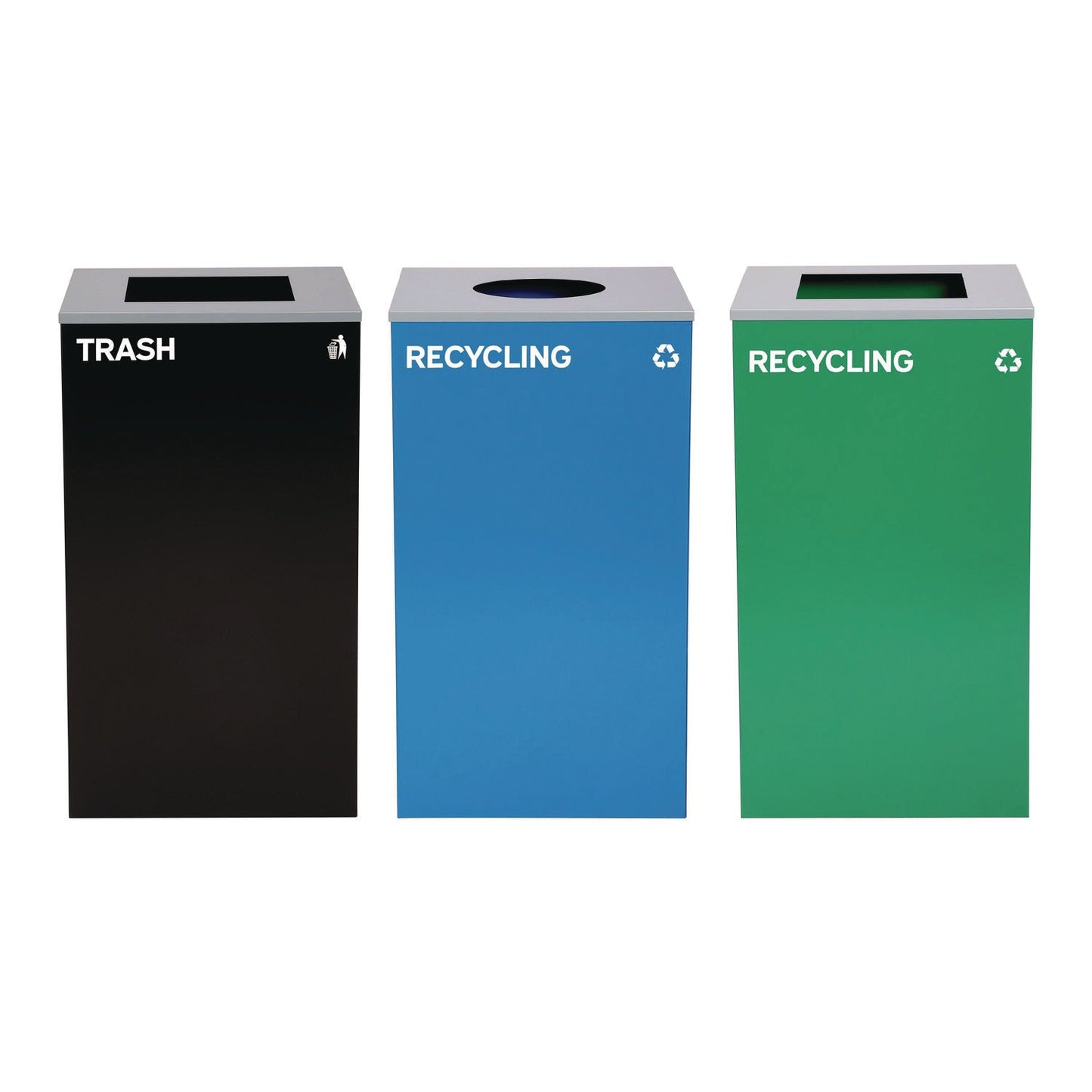 Alpine Industries 29 Gallon Trash/Recycling Cans, Steel, Blue Recycling Can w/Circle Lid, Green Recycling Can and Black Trash Can w/Square Lids