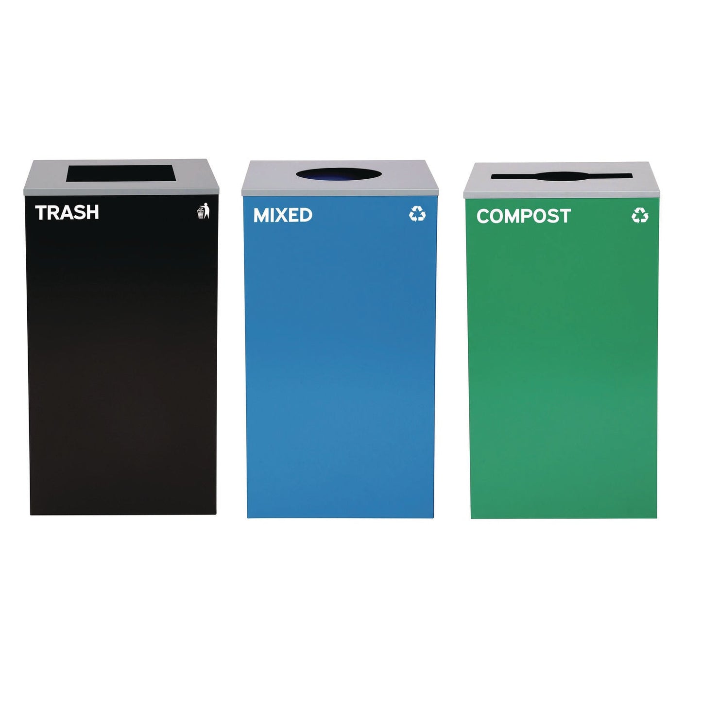 Alpine Industries 29 Gallon Trash/Recycling Cans, Steel, Blue Mixed Recycling w/Circle Lid, Green Compost w/Mixed Lid, Black Trash w/Square Lid