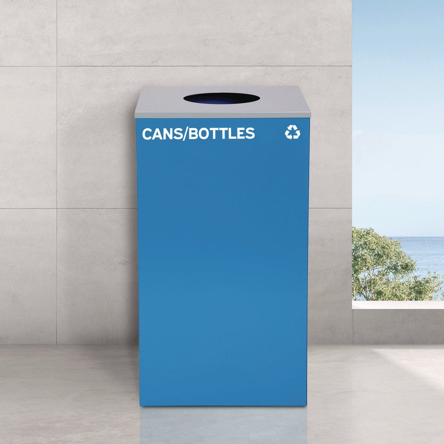 Alpine Industries 29 Gallon Trash/Recycling Cans, Steel, Blue Cans/Bottles Recycling w/Circle Lid, Green Compost w/Mixed Lid, BK Trash w/Sq Lid