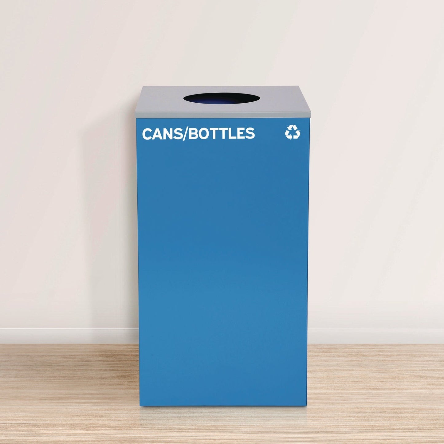 Alpine Industries 29 Gallon Trash/Recycling Cans, Steel, Blue Cans/Bottles Recycling w/Circle Lid, Green Compost w/Mixed Lid, BK Trash w/Sq Lid