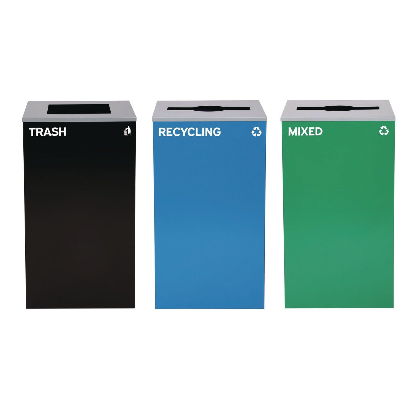 Alpine Industries 29 Gallon Trash/Recycling Cans, Steel, Blue Recycling and Green Mixed Recycling Can w/Mixed Lids, Black Trash Can w/Sq Lid