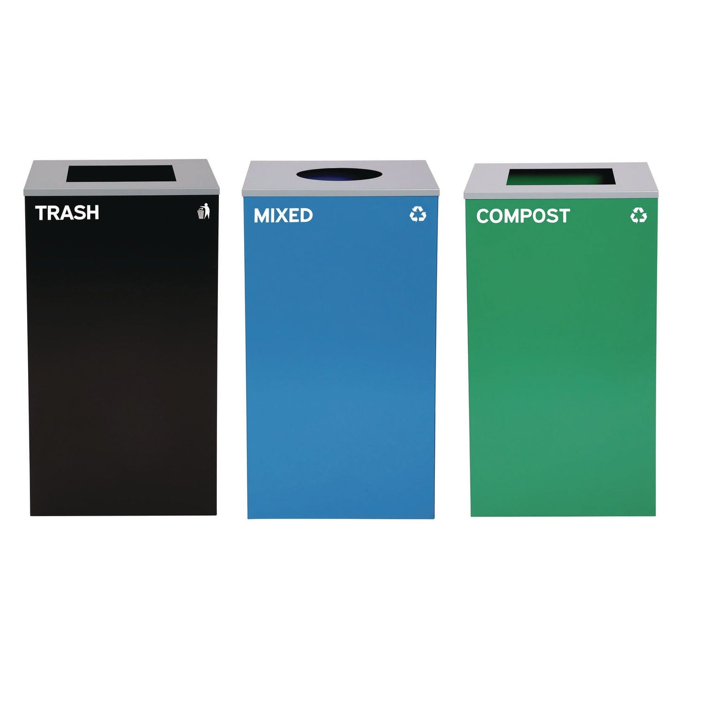 Alpine Industries 29 Gallon Trash/Recycling Cans, Steel, Blue Mixed Recycling Can w/Circle Lid, Green Compost and Black Trash Cans w/Sq Lids