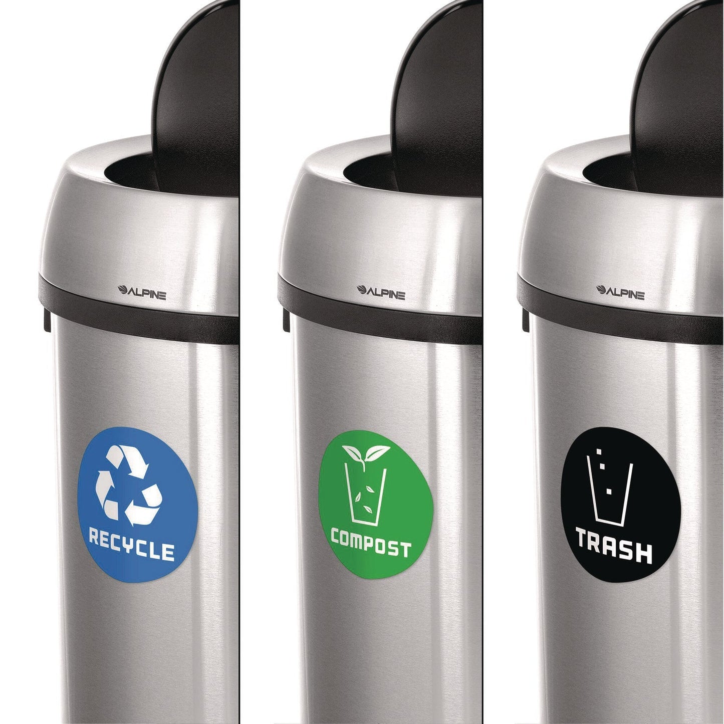 Alpine Industries 17 Gallon Stainless Steel Indoor Recycling, Trash and Compost Bins with Swivel Lid
