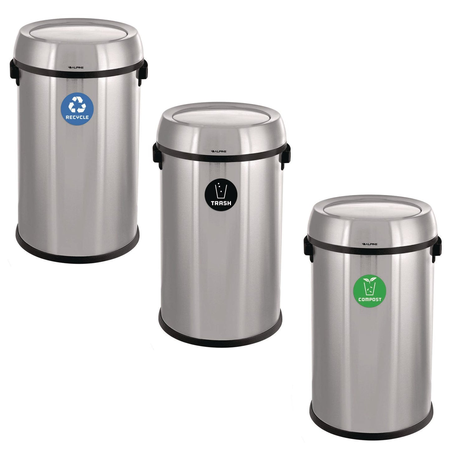 Alpine Industries 17 Gallon Stainless Steel Indoor Recycling, Trash and Compost Bins with Swivel Lid