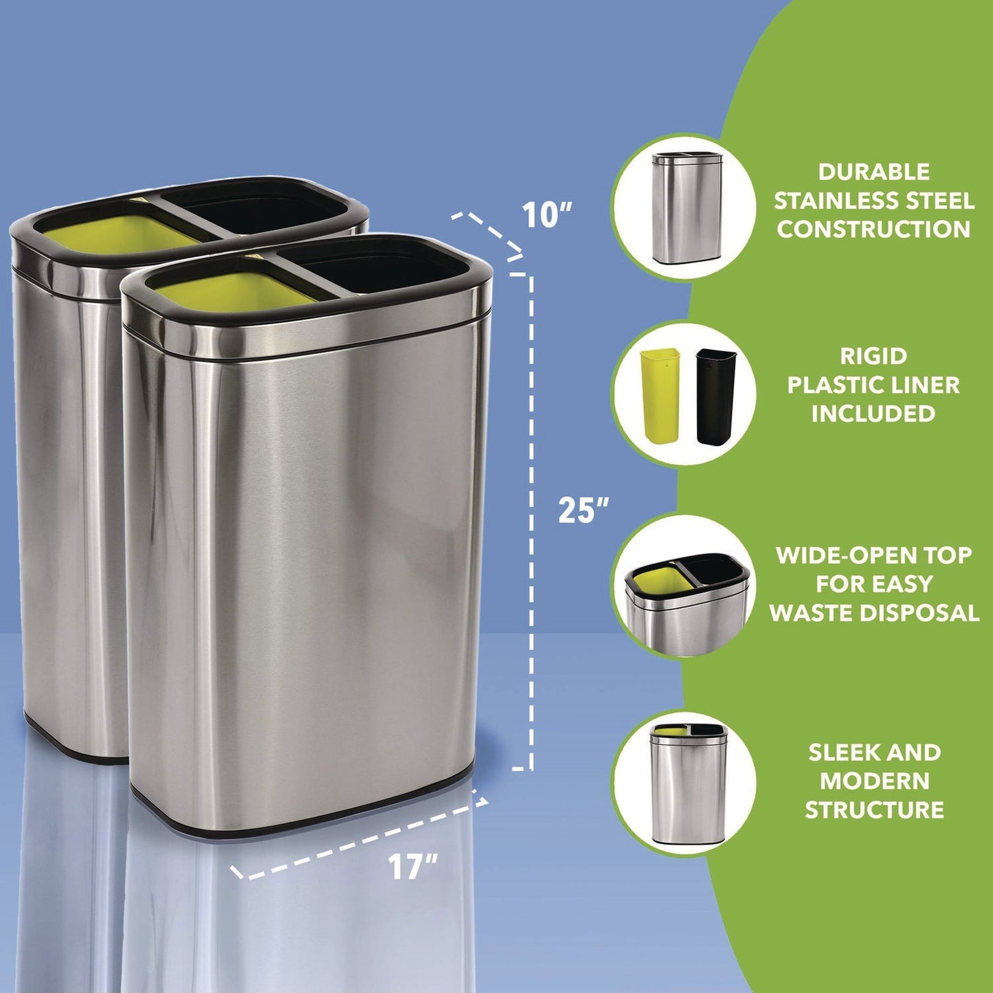 Alpine Industries 10.5 Gallon Stainless Steel Open Top Dual Compartment Trash Can