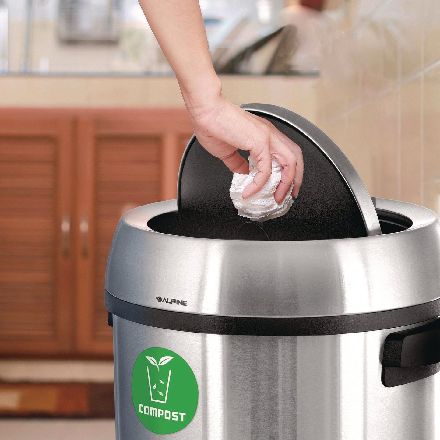 Alpine Industries 17 Gallon Stainless Steel Indoor Compost Receptacle with Swivel Lid