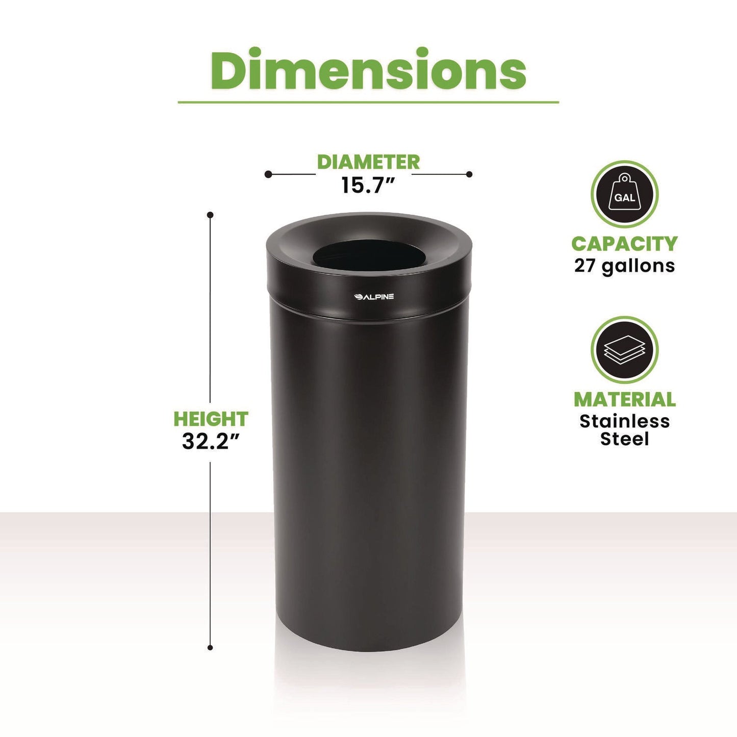 Alpine Industries 27 Gallon Stainless Steel Commercial Indoor Trash Can, Black